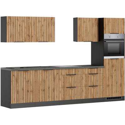 Küchenzeile KOCHSTATION "KS-Lagos, Breite 300 cm, wahlweise mit E-Geräten", beige (front: listrado eiche, korpus: grafitgrau, arbeitsplatte: betongrau), B:300cm H:200cm T:60cm, Komplettküchen-Sets, Küchenzeile, Ceran-oder Induktionskochfeld, Spüle... Image