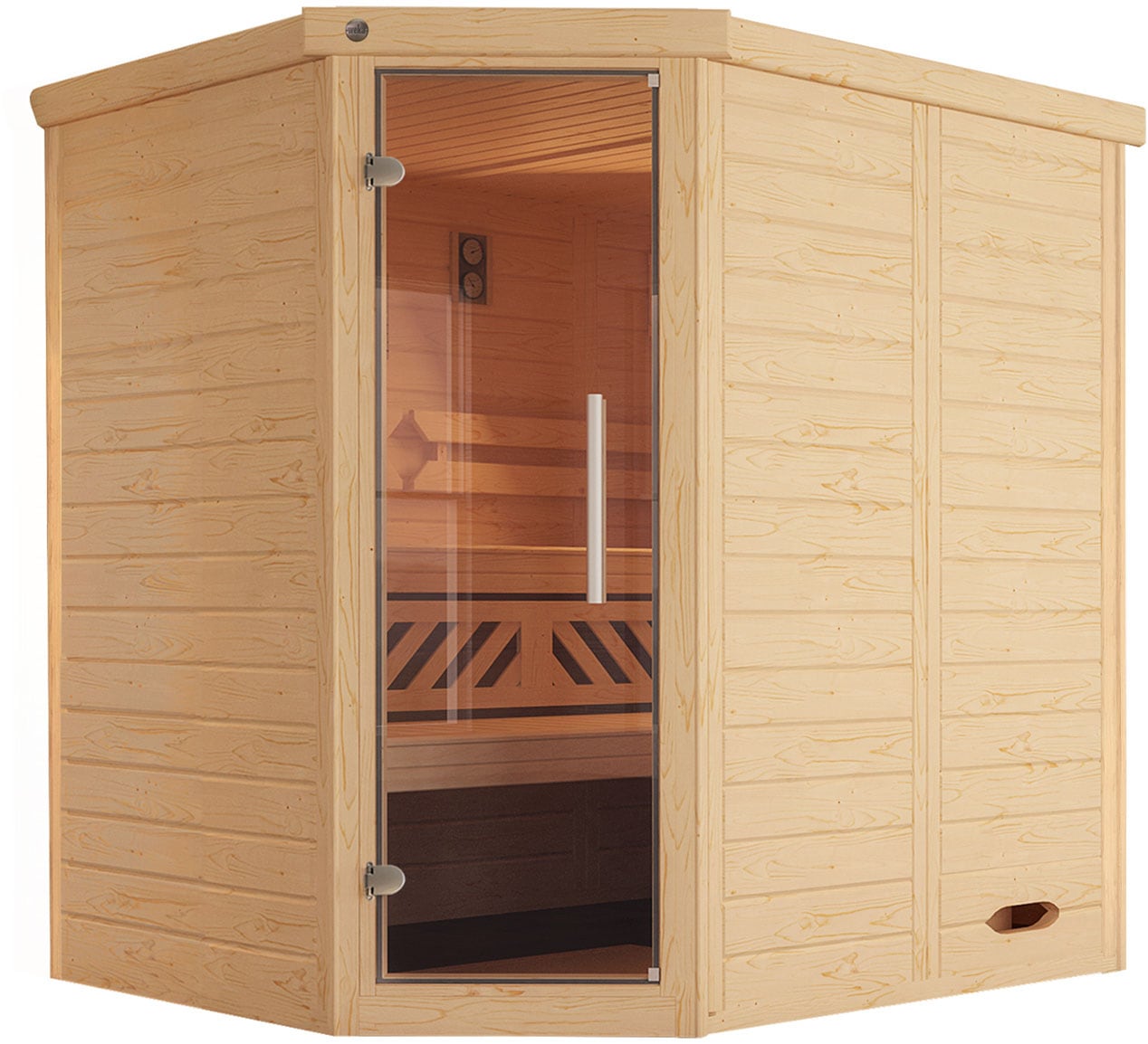 Sauna WEKA "Design-Sauna KEMI", beige (natur), ohne Ofen, ohne Steuerung, (ohne Ofen), Saunen, Blockbohlen, vorgefertigte Elemente, moderne Ganzglastür