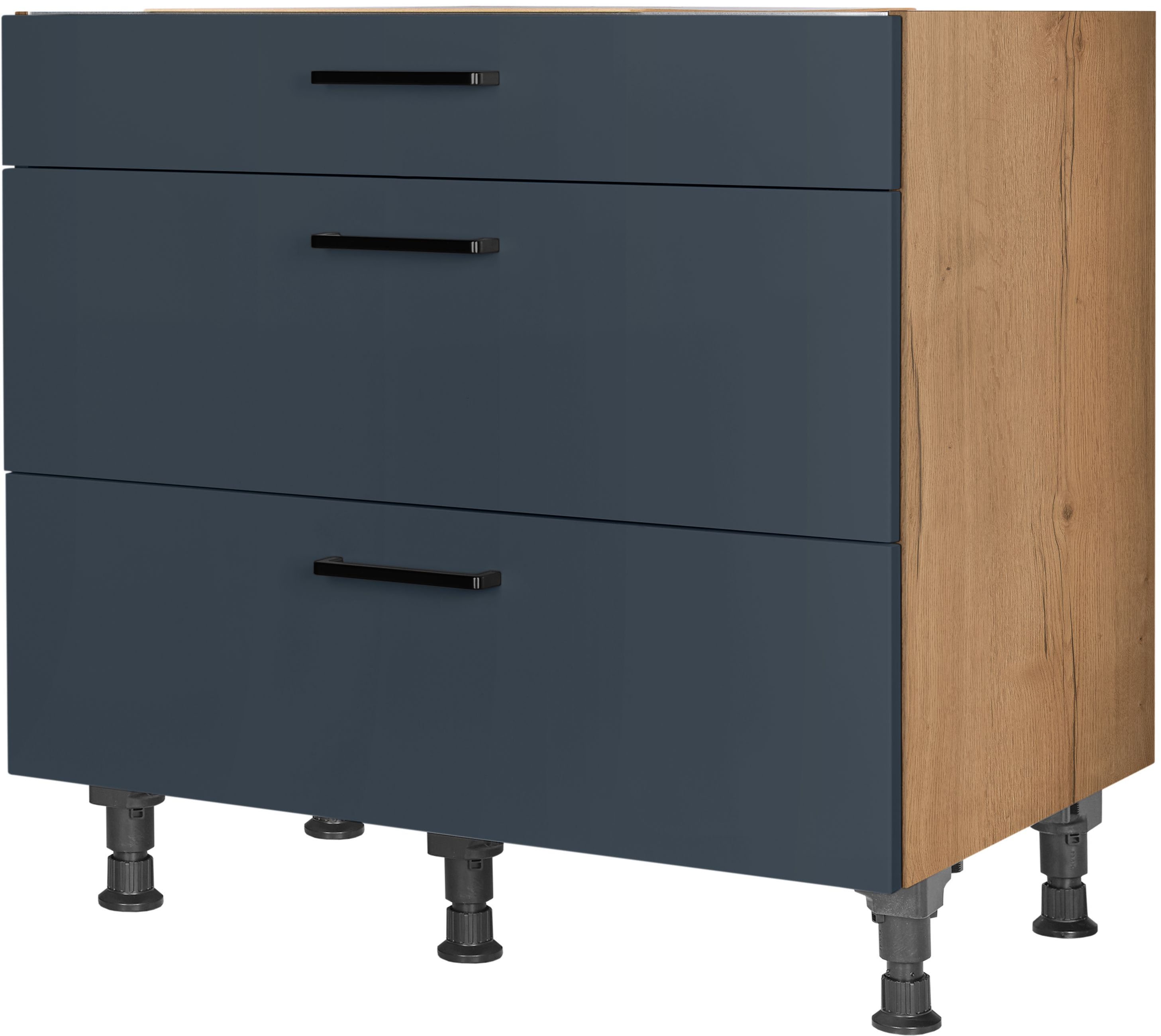 Kochfeldumbauschrank NOBILIA "Easytouch", vormontiert, mit Schubkasten und Auszügen", blau (front: lacklaminat fjordblau ultramatt, korpus: eiche sierra nachbildung), B:90cm H:87cm T:58,3cm, Schränke, in den Breiten 60 und 90 cm Image