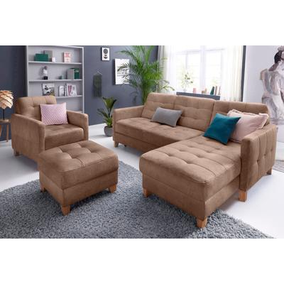 Ecksofa EXXPO - SOFA FASHION "Elio, kompakt und komfortabel, bequem und zeitloses Design, L-Form", braun (cognac), B:217cm T:157cm, Luxus-Kunstleder, NaturLEDER (echtes Rindsleder) in Sitz und Rücken. Korpus in passendem Kunstleder SOFTLUX bezogen,... Image