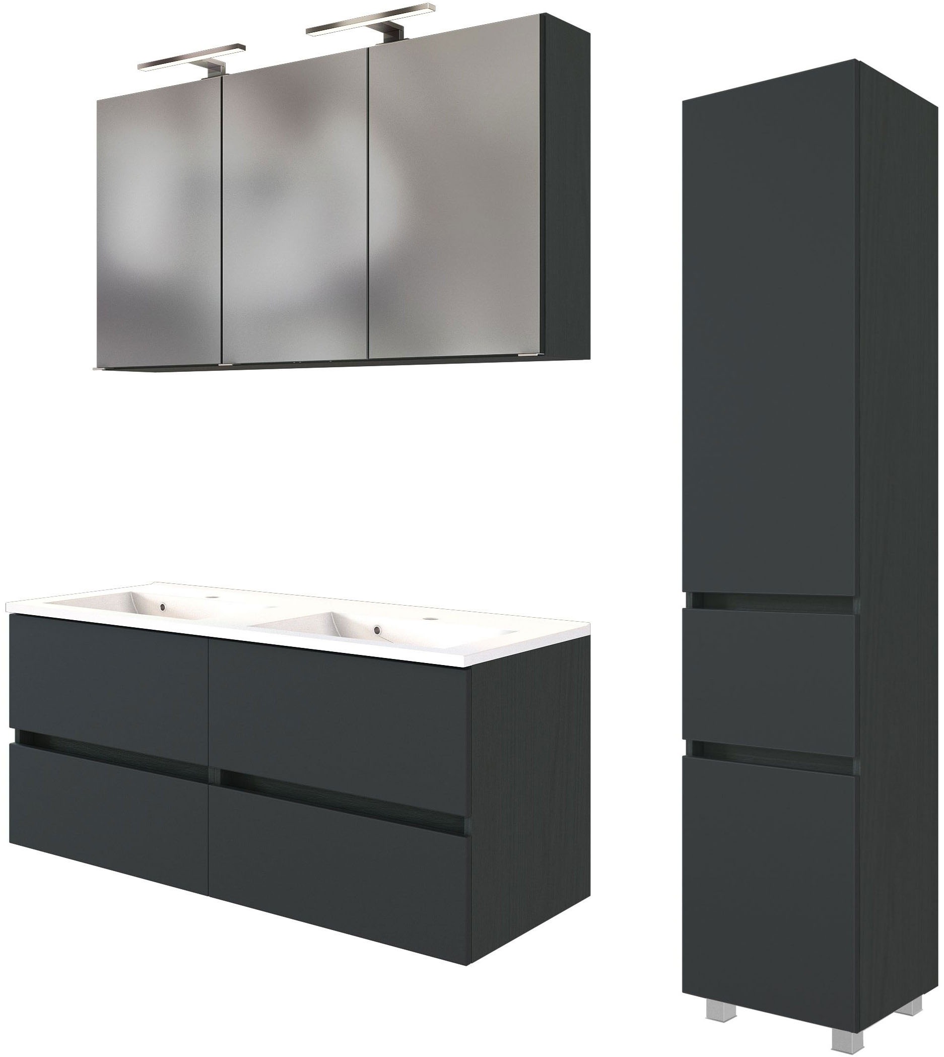 Badmöbel-Set WELLTIME "Welltime Möbel Baabe Waschtisch-Set 3tlg. oder 5tlg.", grau (matt grau), Set 8 3tlg.: Waschtisch 120cm breit, Spiegelschrank 120cm breit, Seitenschrank, Holzwerkstoff, Kastenmöbel-Sets, Badmöbel-Set, gedämpfte Scharniere und...