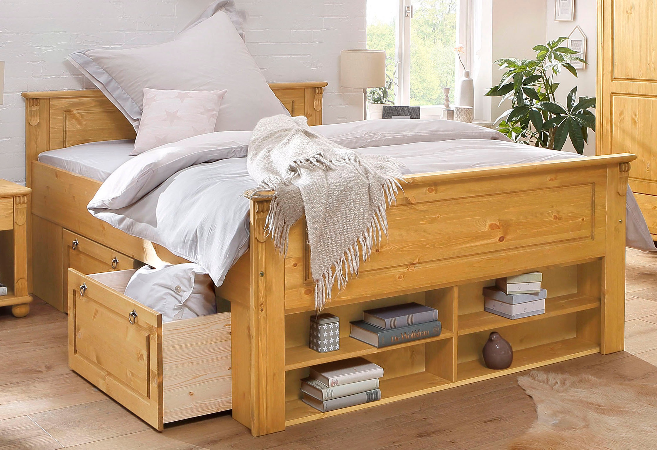 Massivholzbett OTTO HOME "Tessin, Stauraumbett, Landhausstil, Schubladen optional, rustikal", beige (natur), B:152cm H:85cm L:207cm, Betten, Massivholzbett, zertifizierte Kiefer, Kassetten-Optik, stabile Qualität