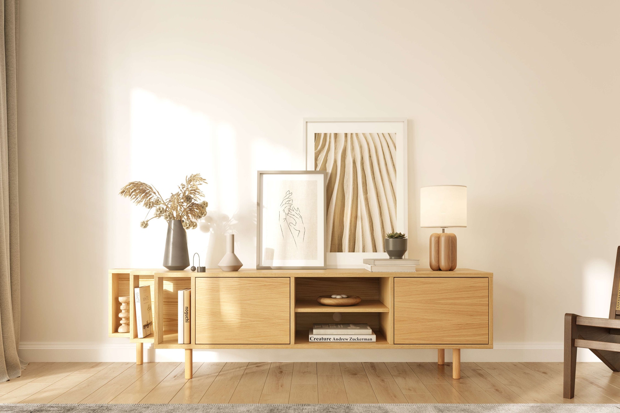 TV-Board WOODMAN "Shift", beige (natur), B:189cm H:50cm T:44cm, FSC-zertifiziertes teilmassives Holz, Sideboards, TV-Board, mit Echtholzfurnier aus Eiche, Breite 189 cm, mit Push-to-Open, FSC