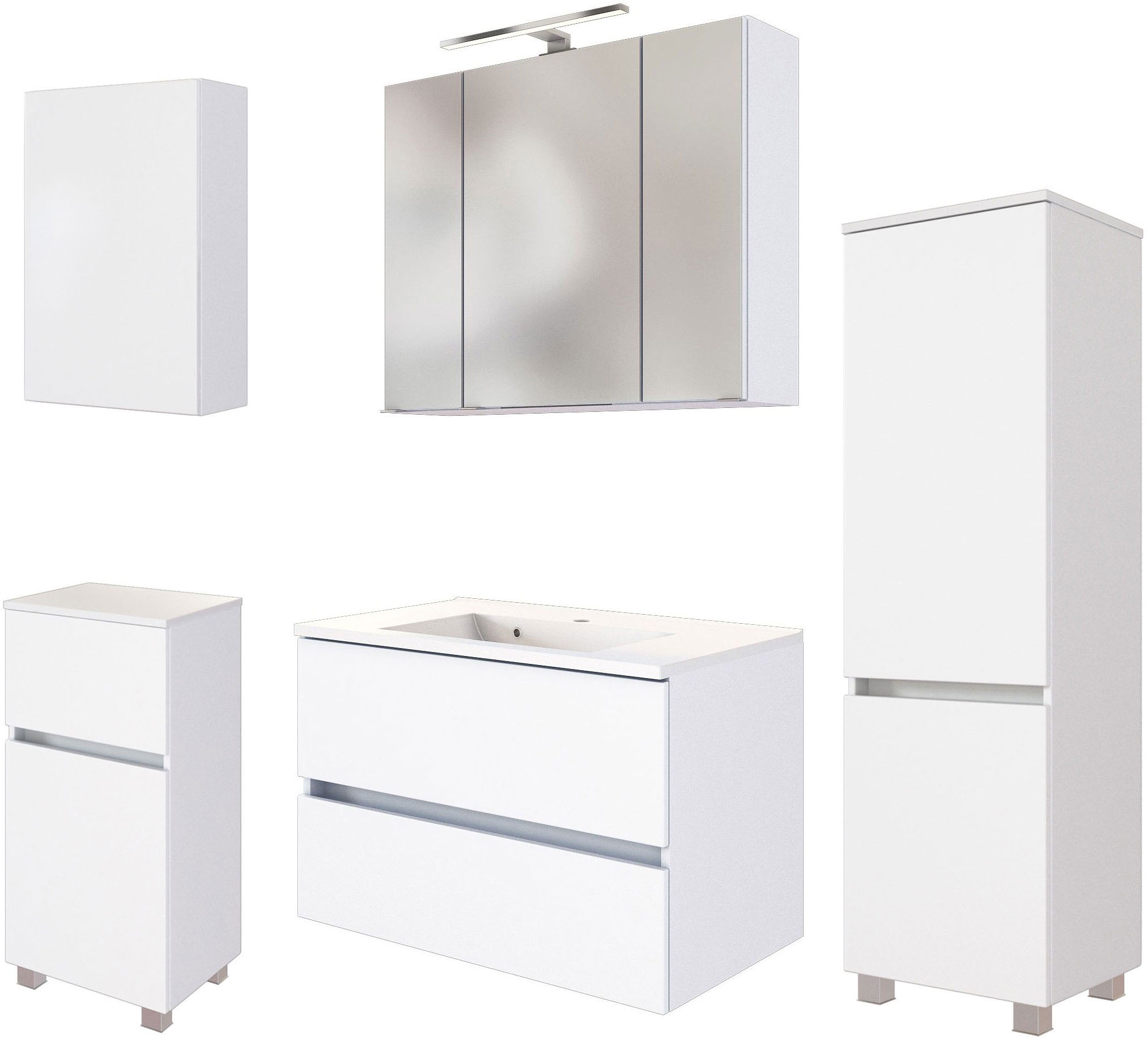Badmöbel-Set WELLTIME "Welltime Möbel Baabe Waschtisch-Set 3tlg. oder 5tlg.", weiß (matt weiß), Set 10 5tlg.: Waschtisch 80cm breit, Spiegelschrank 80cm breit, Hängeschrank, Unterschrank, Midischrank, Holzwerkstoff, Kastenmöbel-Sets, Badmöbel-Set,...