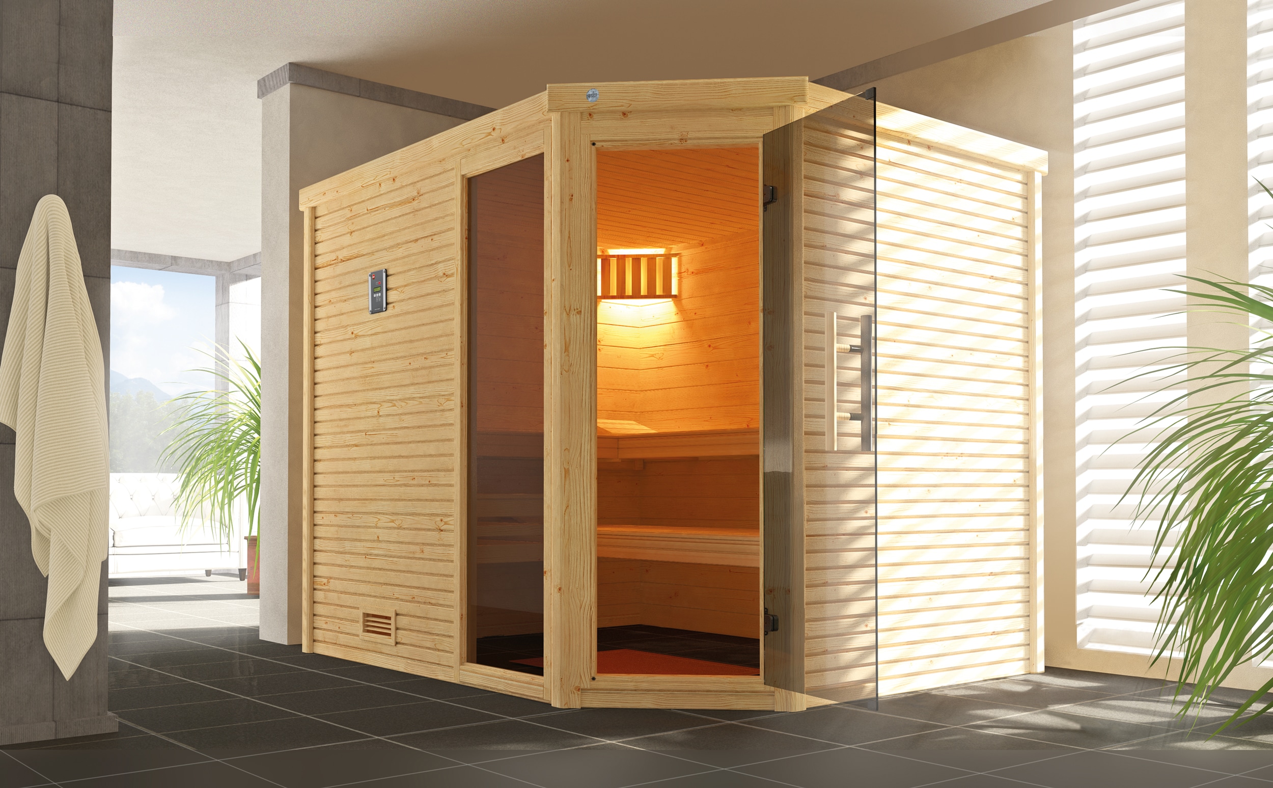 Sauna WEKA "Design-Sauna CUBILIS 3", beige (natur), Saunaofen, integrierte Steuerung, 9 kW, Saunen, Blockbohlen im wekaLine-Profil Image