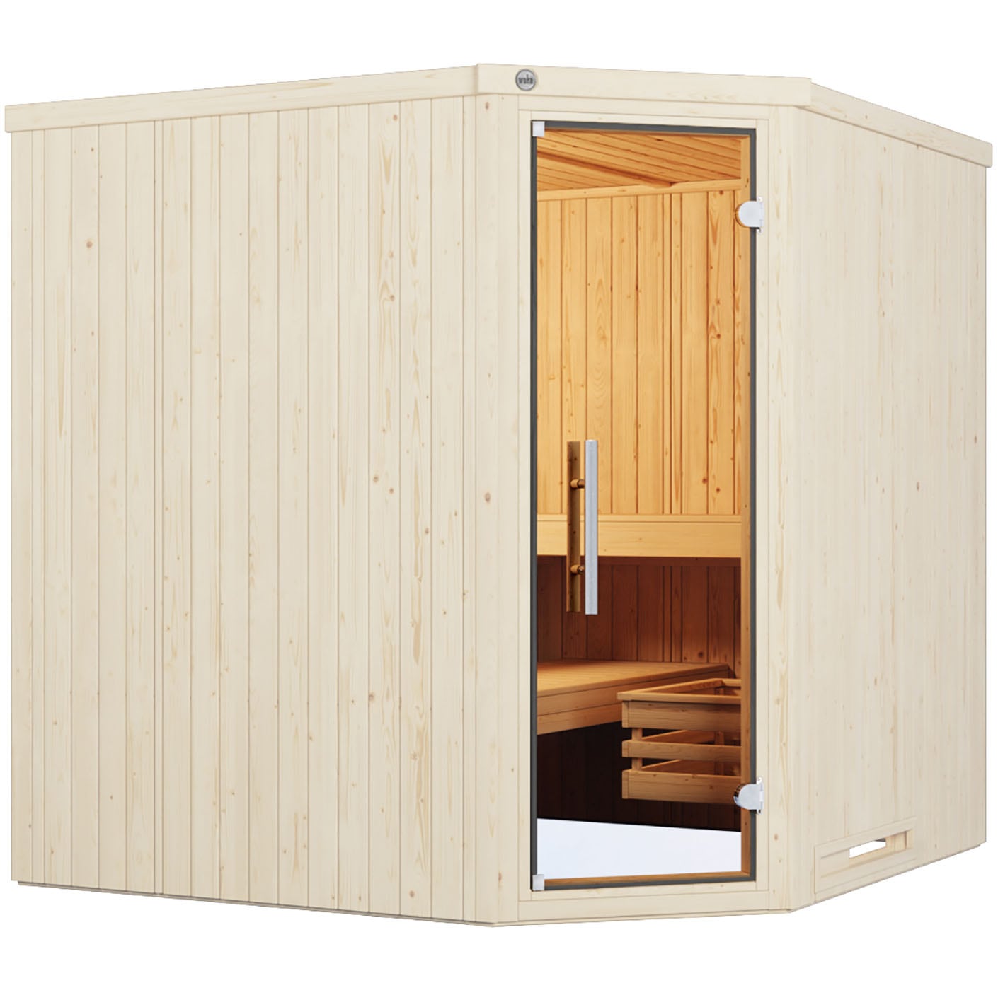 Sauna WEKA "Element-Ecksauna VARBERG 3", weiß, Bio-Ofen, externe Steuerung, 7,5 kW, Saunen, vorgefertigte Elemente, moderne Ganzglastür