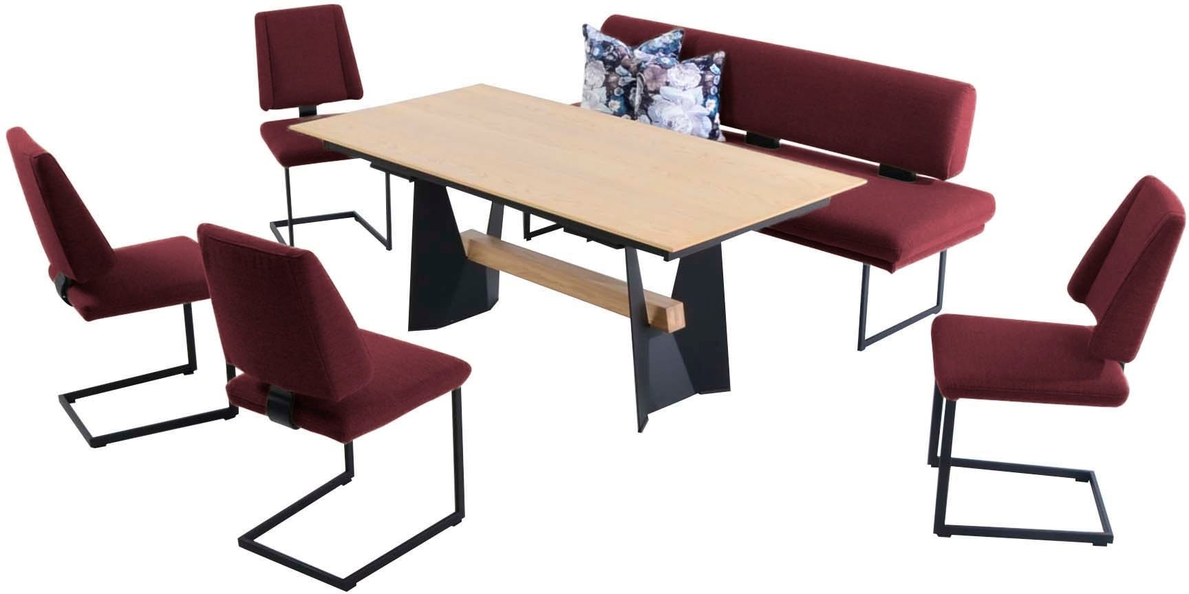 Essgruppe K+W KOMFORT & WOHNEN "Longbeach", rot (bordeaux,), B:204cm H:89cm T:71cm, Sitzmöbel-Sets, Essgruppe in Spitzkissenoptik mit 4 Freischwingern, Gestell in Metall Image