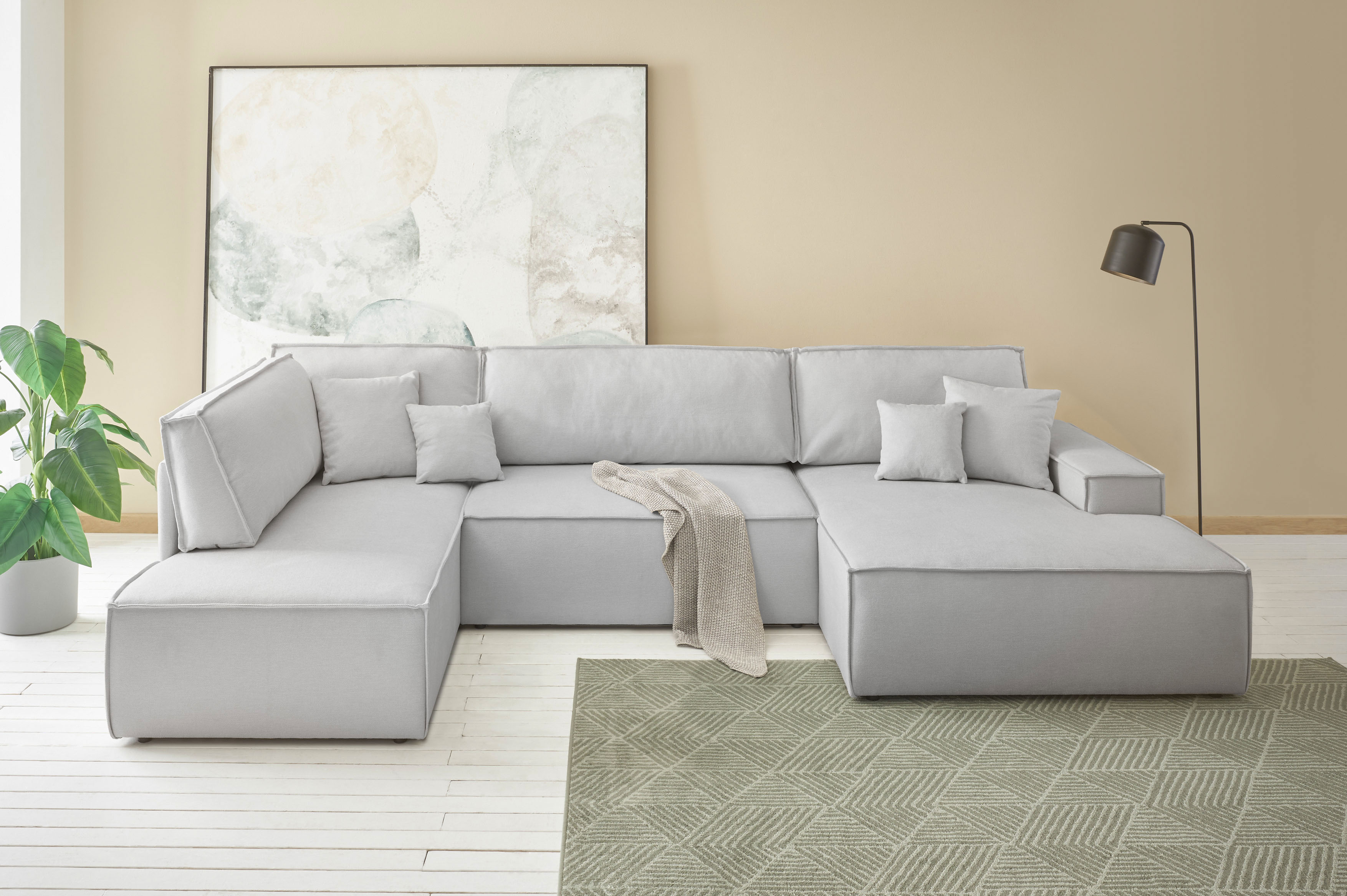 Wohnlandschaft OTTO HOME "FINNLEY, U-Form XXL 329 cm, Schlafsofa, Schlaffunktion m. Bettkasten", silber, B:329cm H:85cm T:195cm, Bezugstoff 100% PES ;Atmungsaktives Gewebe ;Easy Clean ;Gramatur 340g/ qm +/- 5%, Sofas, Wohnlandschaft, verfügbar in...