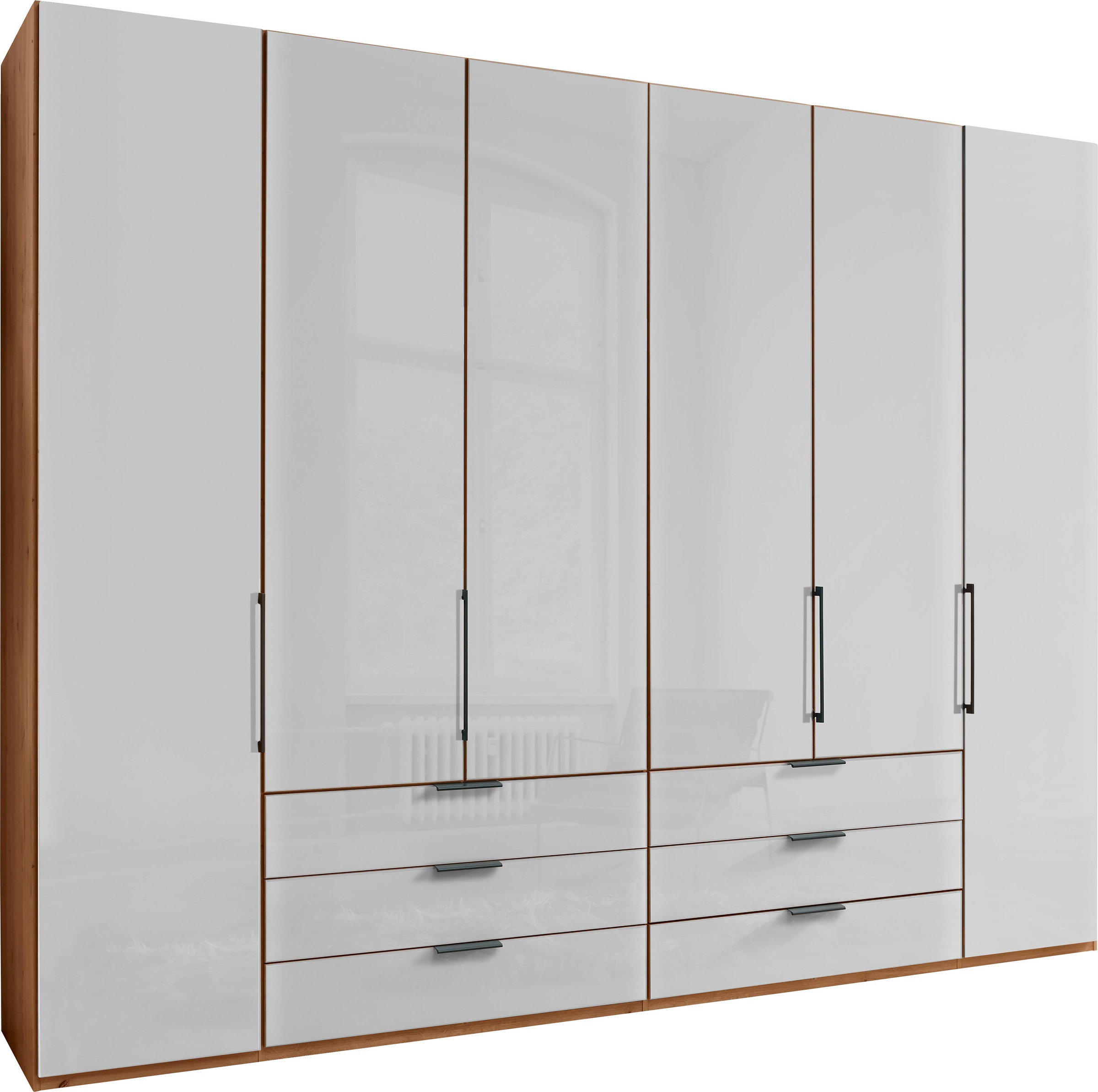 Falttürenschrank WIEMANN "Monaco, Kleiderschrank, Schrank, Wäscheschrank, mit edler Glasfront", braun (bianco, eiche, nachbildung, glas weiß), B:295,3cm H:236cm T:58cm, Floatglas, Holzwerkstoff, Schränke, Kleiderschrank Drehtürenschrank, inkl....
