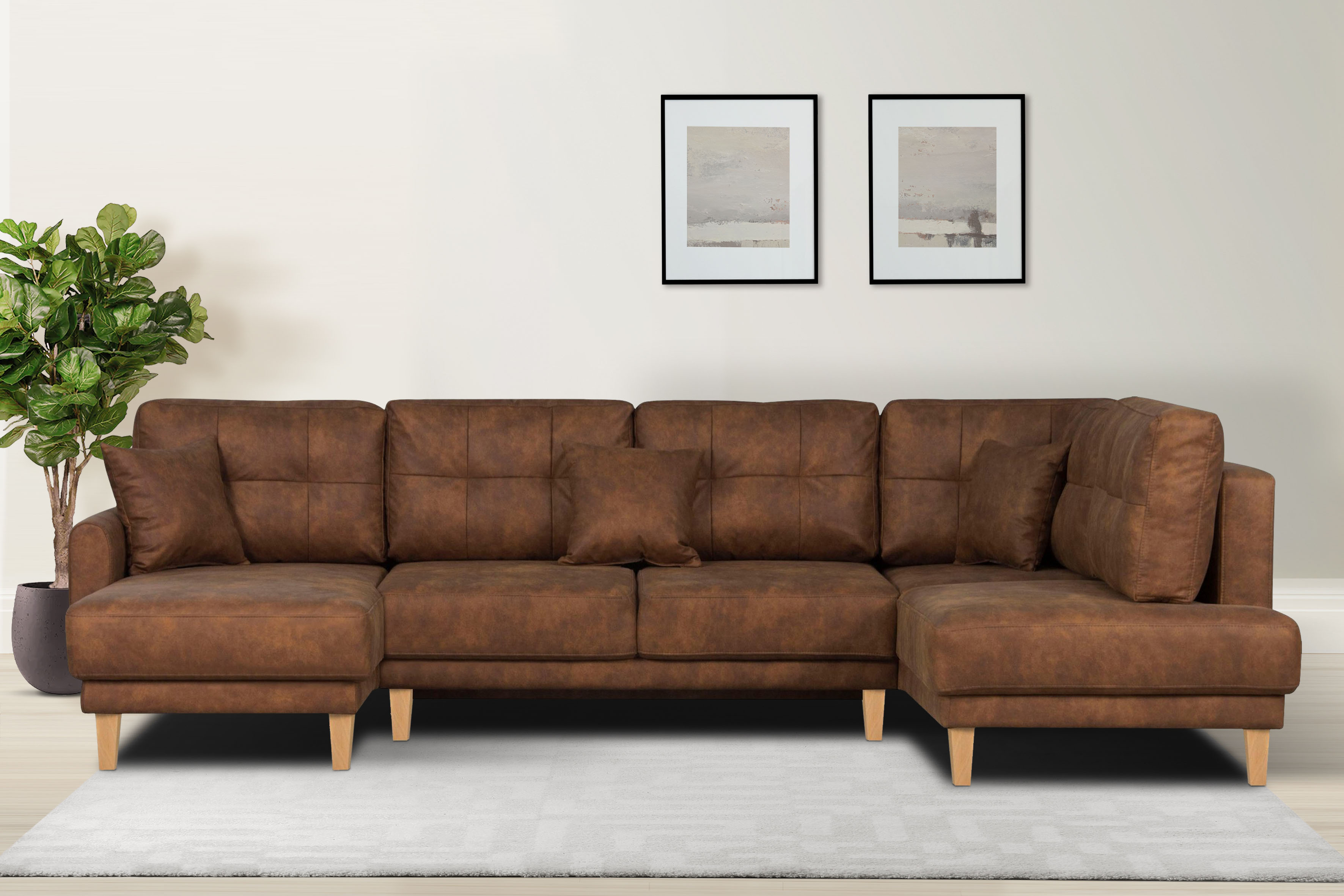 Wohnlandschaft HOME AFFAIRE "TRIPLO U-Form wahlweise mit Schlaffunktion, B/T/H: 310/192/90 cm", braun (cognac), B:310cm H:90cm T:192cm, 100% Polyester, Sofas, Wohnlandschaft, Schlafsofa, auch mit Bettkasten, Steppung im Rückenkissen