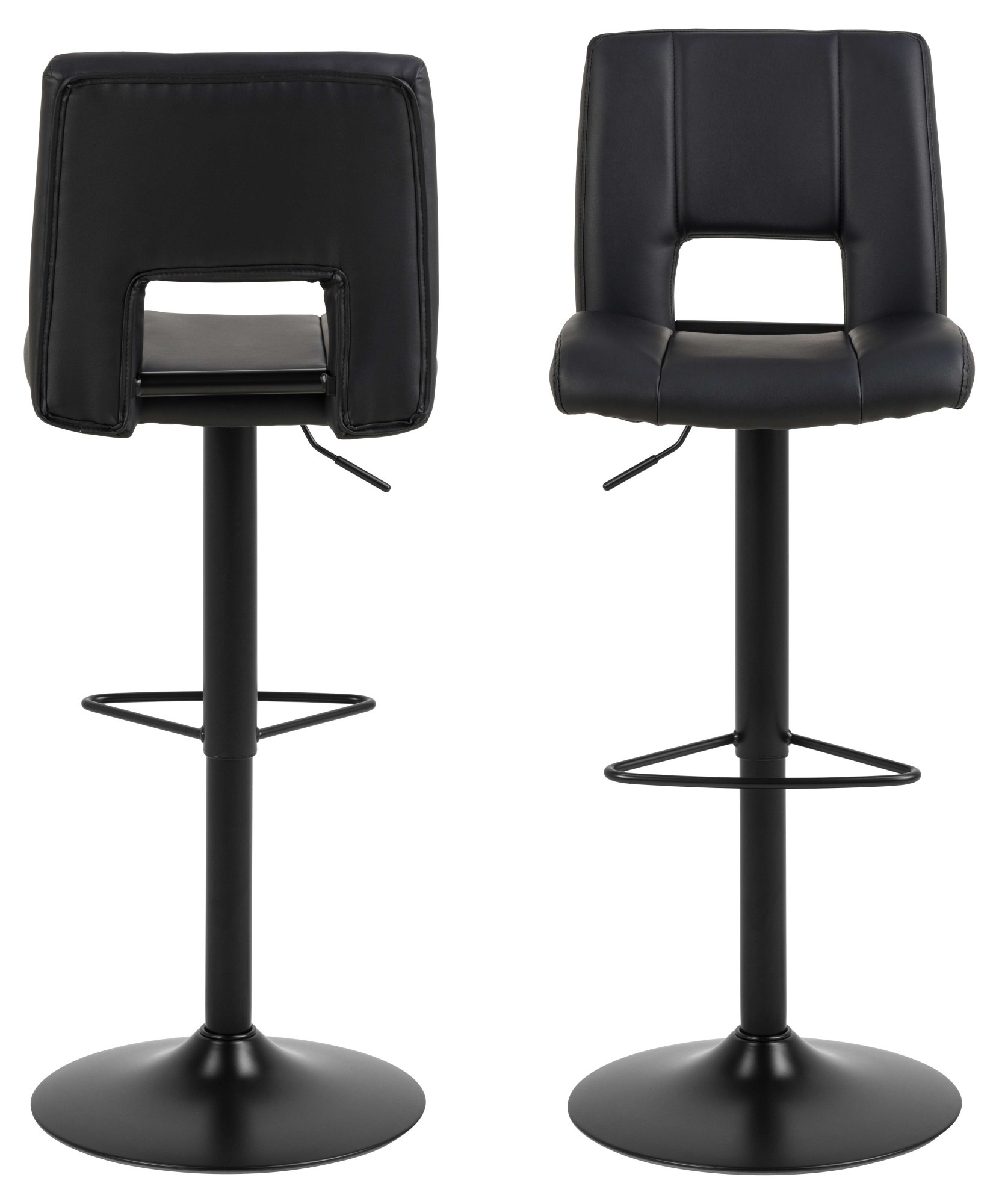 Barhocker ACTONA GROUP "Sylvia Barstuhl, Höhenverstellbar", schwarz, B:41,5cm H:115cm T:52cm, 100% Polyurethan, Hocker, Trompetenfuß, Gasfeder, drehbar, vertikale Nähte, 2er-Satz