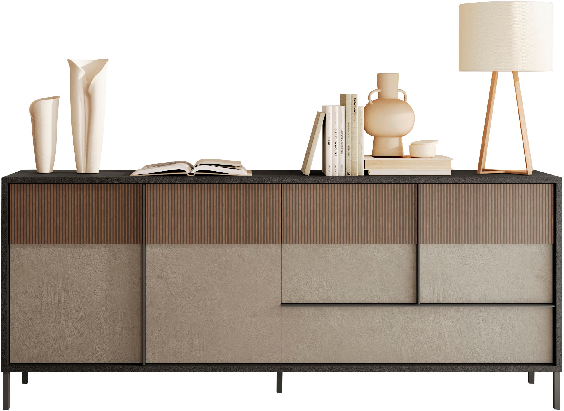 Sideboard INOSIGN "Everest Breite 206 cm, Kommode mit 4 Türen u. 1 Schubkasten", grau (lava, lehmfarben, absetzung mercure (druck)), B:206cm H:86cm T:40cm, Sideboards, Sideboard, Anrichte, Soft/Self Closing, Korpus 22 mm