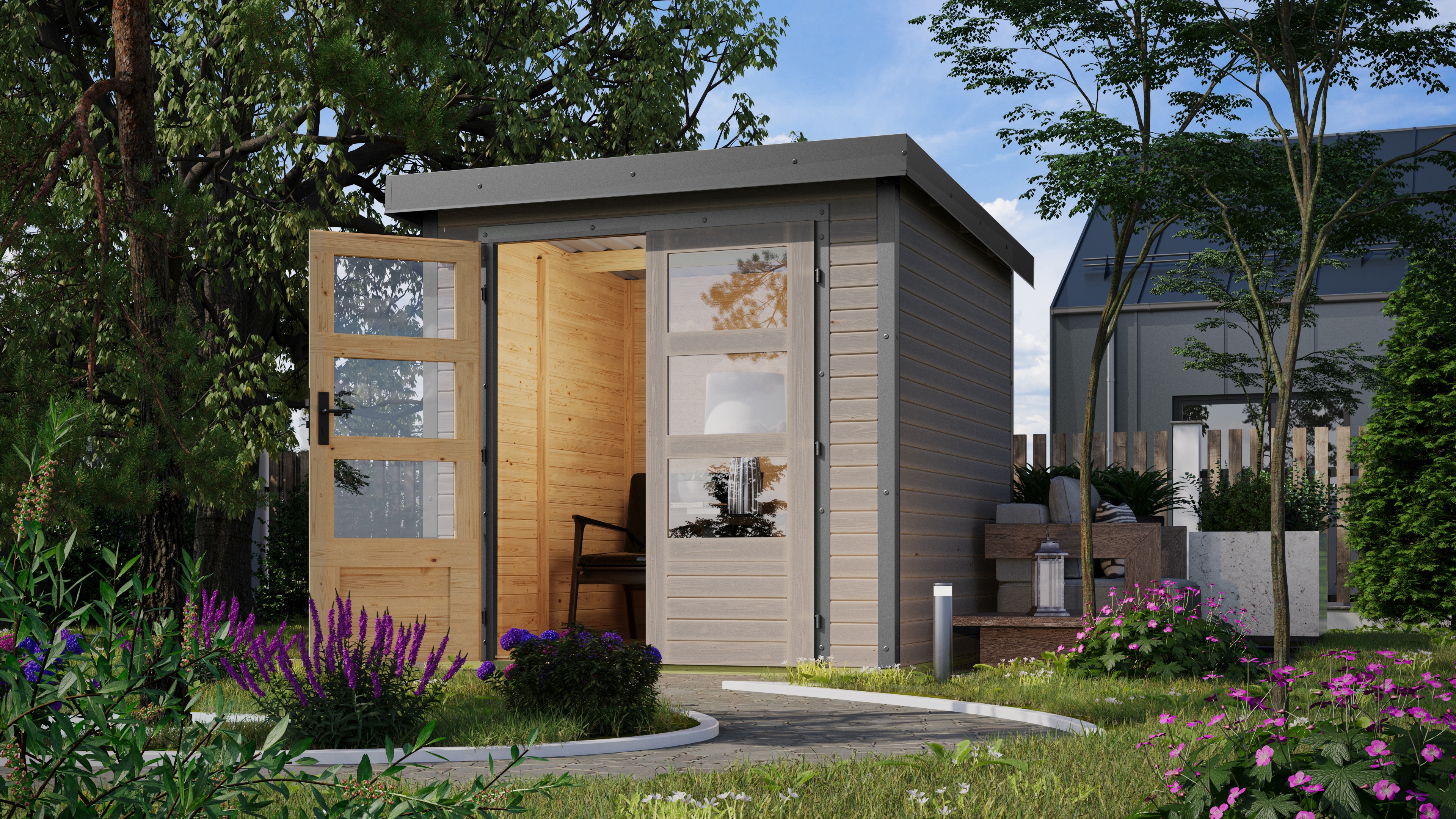 Gartenhaus KARIBU "Jupiter 2 D", grau (wassergrau, graualuminium), ohne Fußboden, Massivholz, Stahl, Gartenhäuser, Gartenhaus