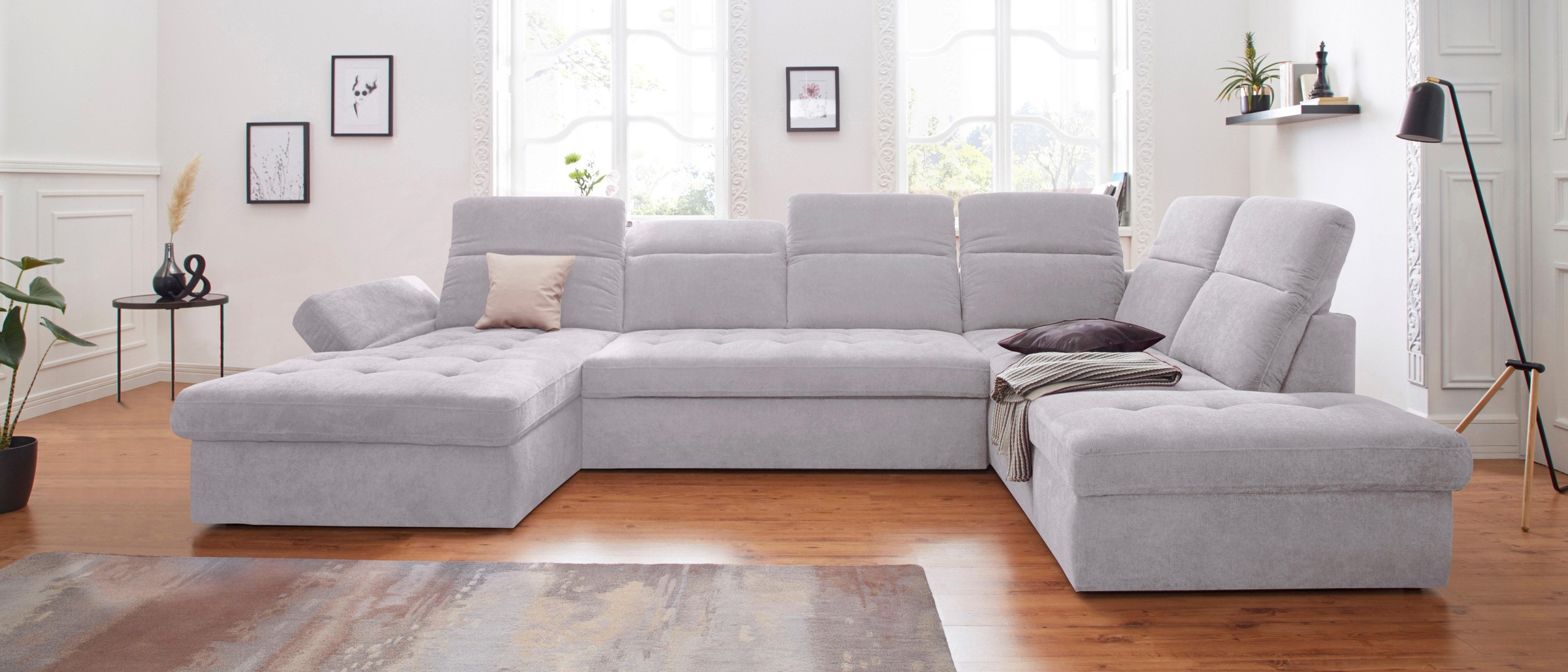 Wohnlandschaft SIT & MORE "Stardust U-Form", silber, B:372cm H:89cm T:233cm, Flachgewebe ( 100% Polyester);Kunstleder SOFTLUX;Luxus-Microfaser Vintageoptik (100% Polyester), Sofas, inklusive Kopfteilverstellung und Armlehnenfunktion