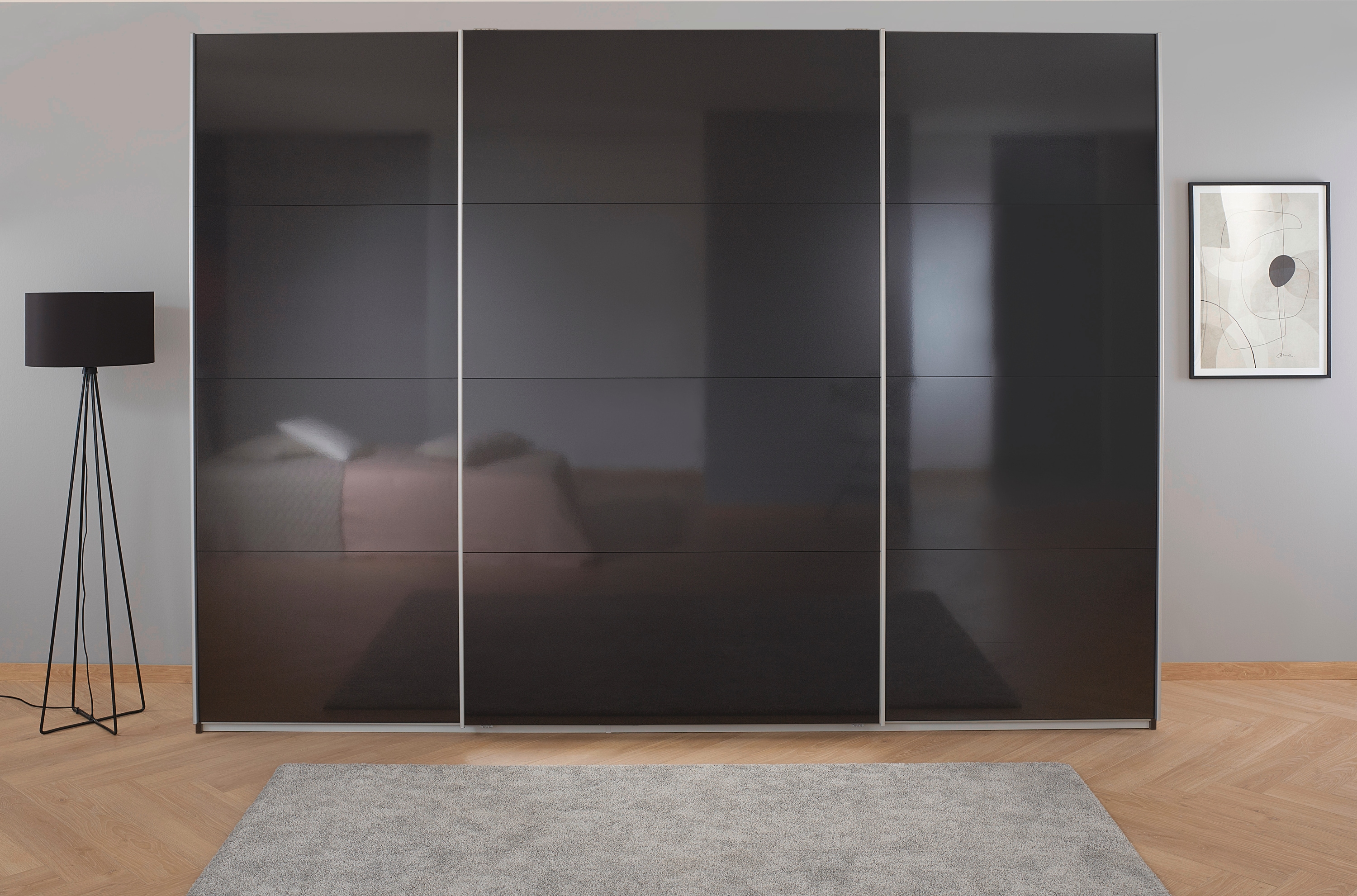 Schwebetürenschrank RAUCH "Kleiderschrank Schrank Garderobe KOLUNA mit Hochglanz-Front", grau (graumetallic, hochglanz effektgrau), B:315cm H:210cm T:62cm, Holzwerkstoff, Schränke, Hochglanzfront, inkl. 2 Innenschubladen sowie extra Böden Image