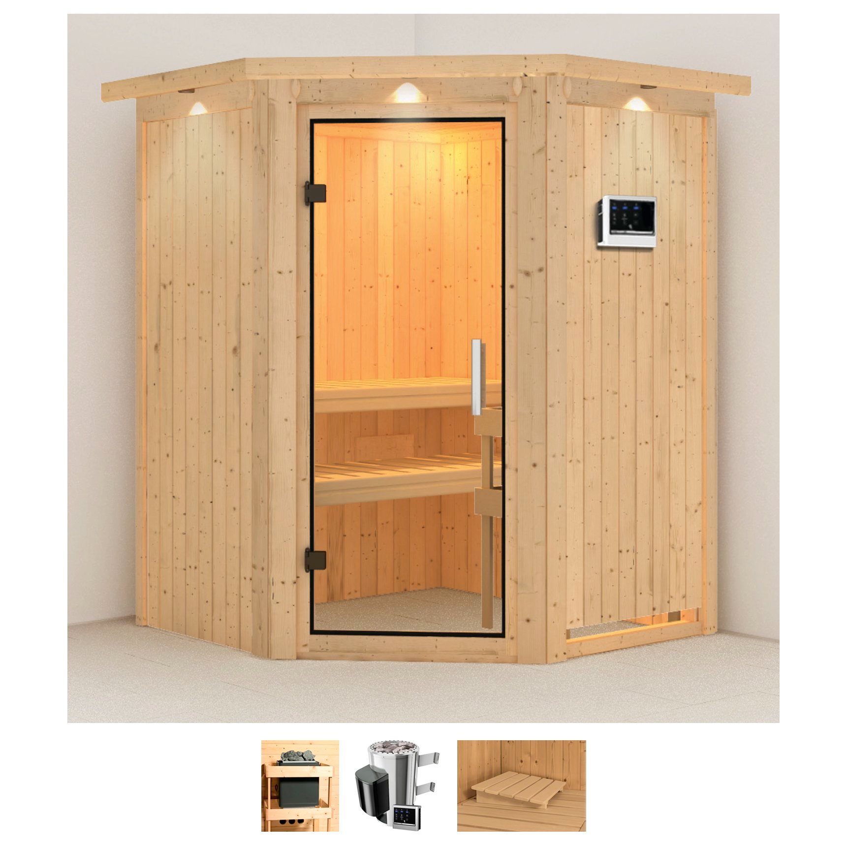 Sauna KARIBU "Nanna", beige (naturbelassen), Saunaofen, externe Steuerung, 3,6 kW, Saunen, Ofen 3,6 kW externe Strg.easy