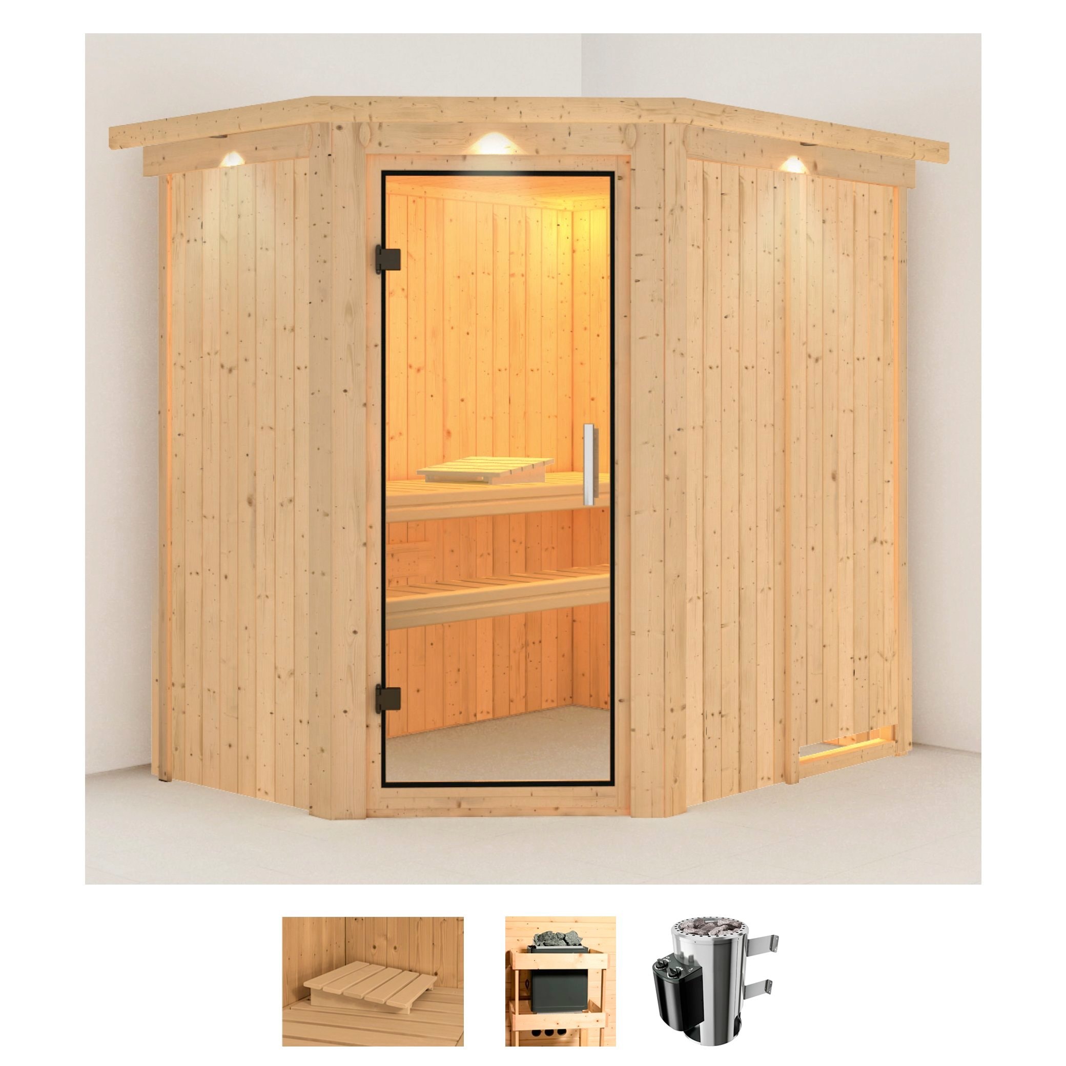 Sauna KARIBU "Swantje", beige (naturbelassen), Saunaofen, integrierte Steuerung, 3,6 kW, Saunen, 3,6-kW-Plug & Play Ofen mit integrierter Steuerung Image