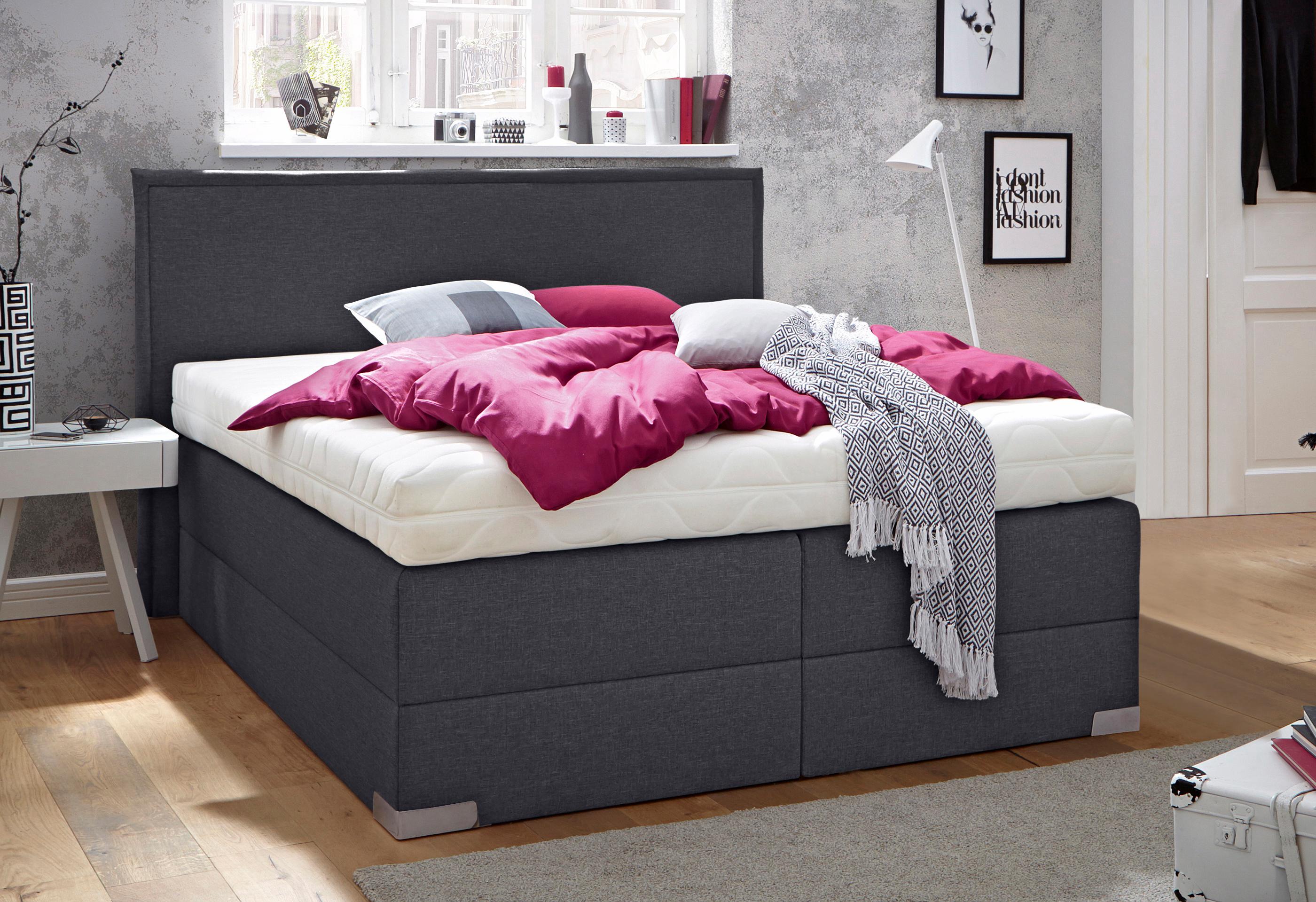 Boxspringbett, grau (anthrazit), Liegefläche B/L: 140cm x 200cm, H3, Bonnell-Federkernmatratze, Bettrahmen und seitliche Einfassung Unterbox und Obermatratze: Fein-Strukturstoff (77% Polyester, 23% Viskose).;Spiegelfläche der Matratzen: 100%... Image