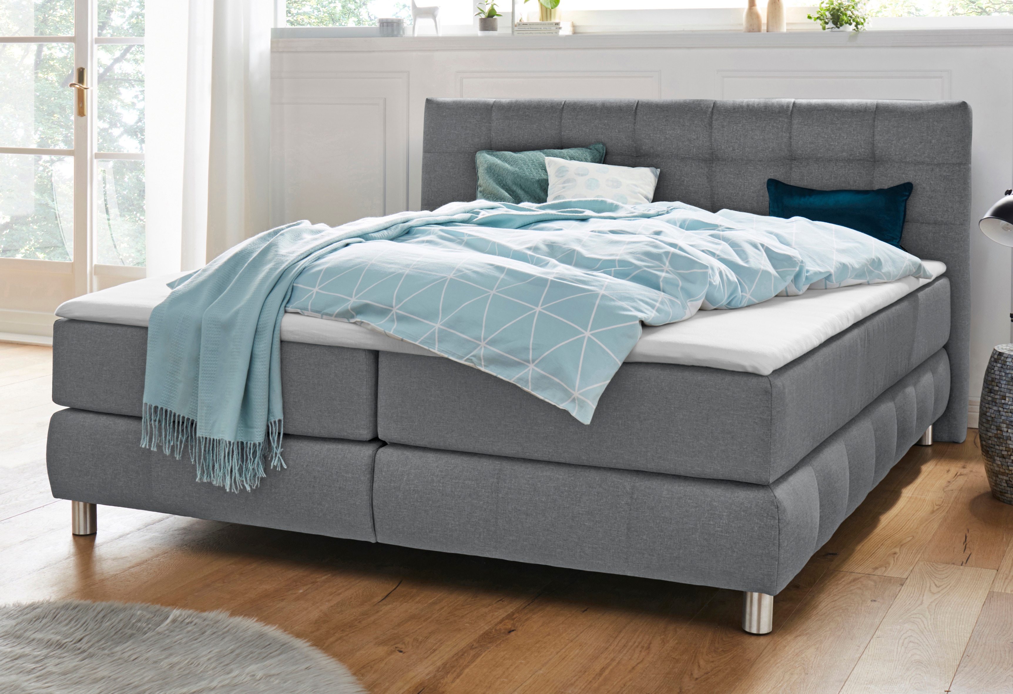 Boxspringbett HOME AFFAIRE "Salo", grau, B:214cm L:211cm, Struktur (100% Polyester);Bezug der Spiegelfläche Matratzendrell aus 100% Polyester;Samtoptik (100% Polyester), Komplettbetten, Boxspringbett, incl. Topper, 6 Breiten, 2 Härtegrade, TFK auch... Image