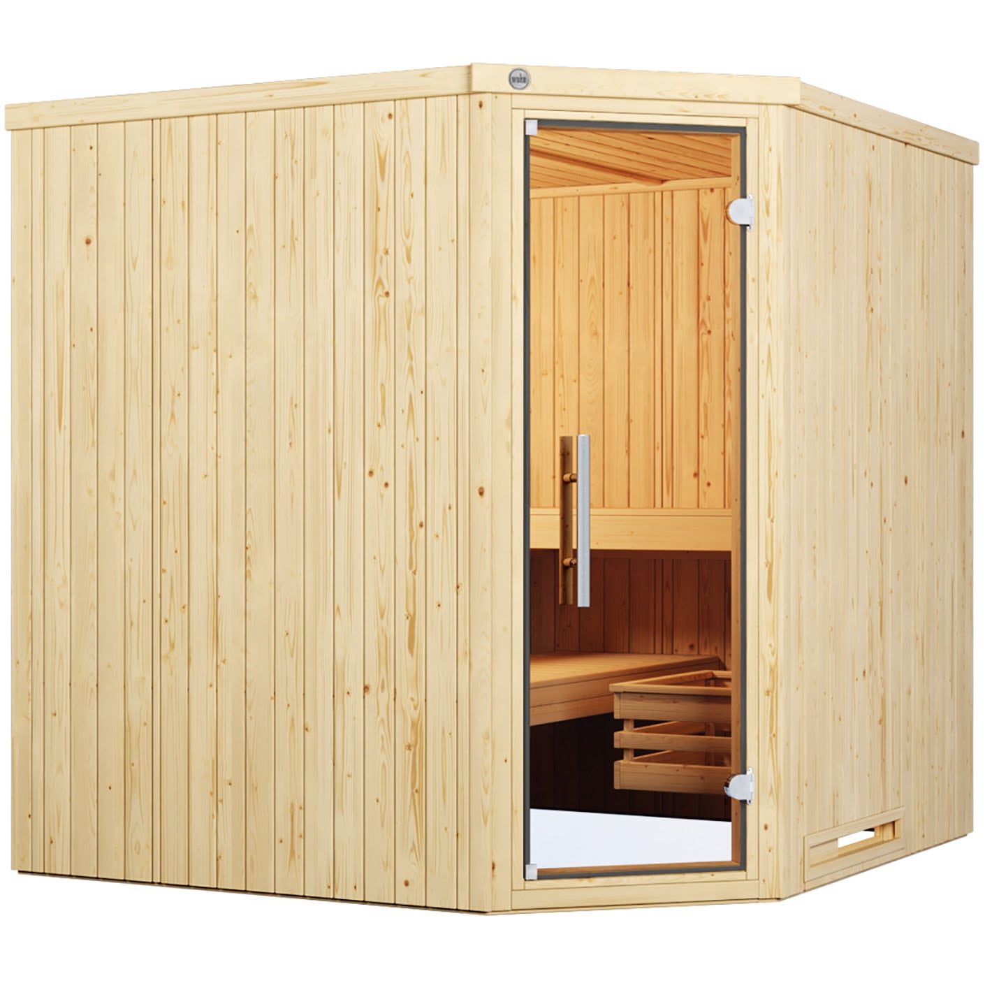 Sauna WEKA "Element-Ecksauna VARBERG 3", beige (natur), Saunaofen, externe Steuerung, 7,5 kW, Saunen, vorgefertigte Elemente, moderne Ganzglastür