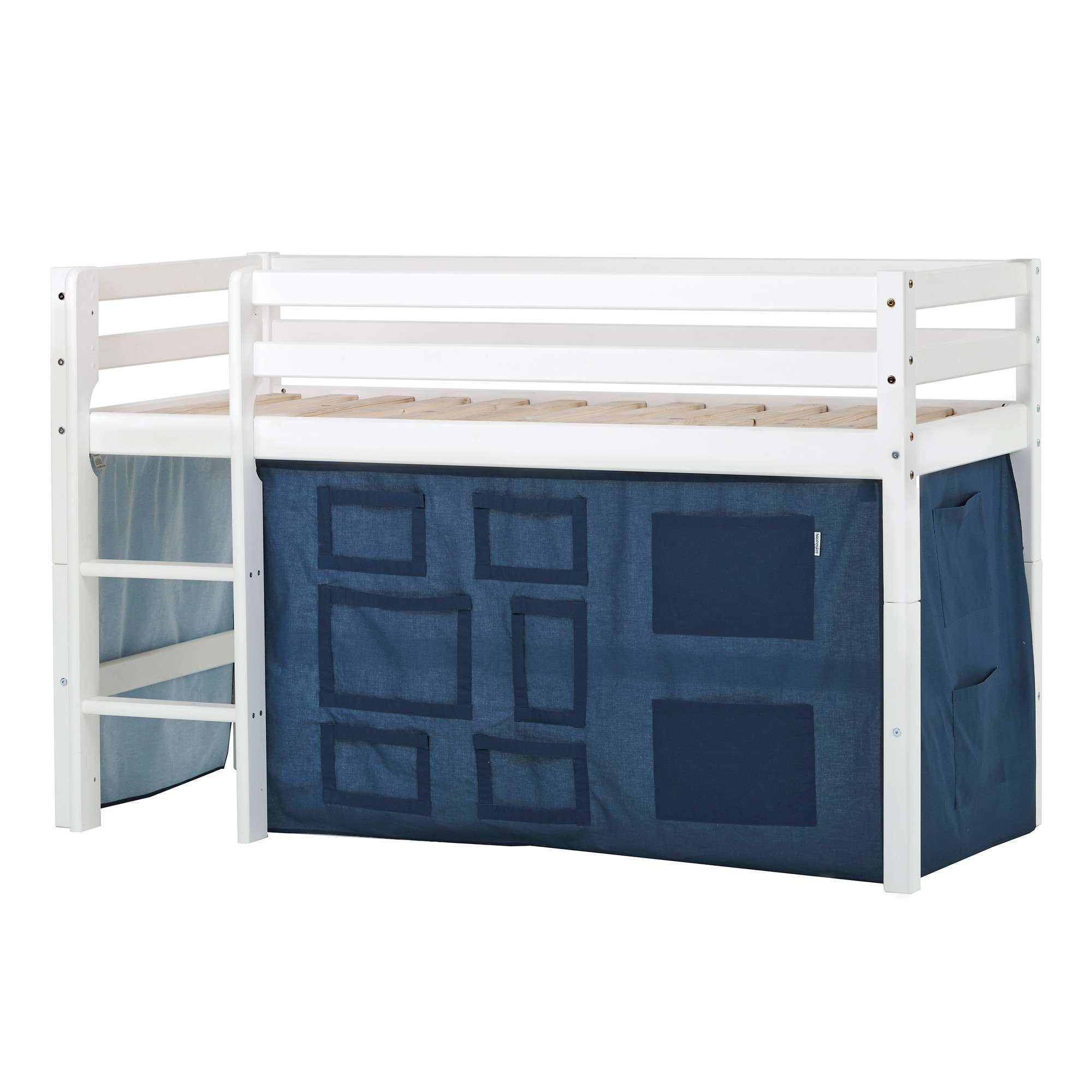 Hochbett HOPPEKIDS "ECO Dream, Kinderbett, Spielbett, Halbhohes Bett aus Massivholz", blau (weiß, creator blau), B:81cm H:105cm L:168cm, Kinderbett: 100% Massivholz: Nordische Kiefer, Vorhang: 100% Baumwolle, Hochbetten, Hochbett Kinderbett, inkl....