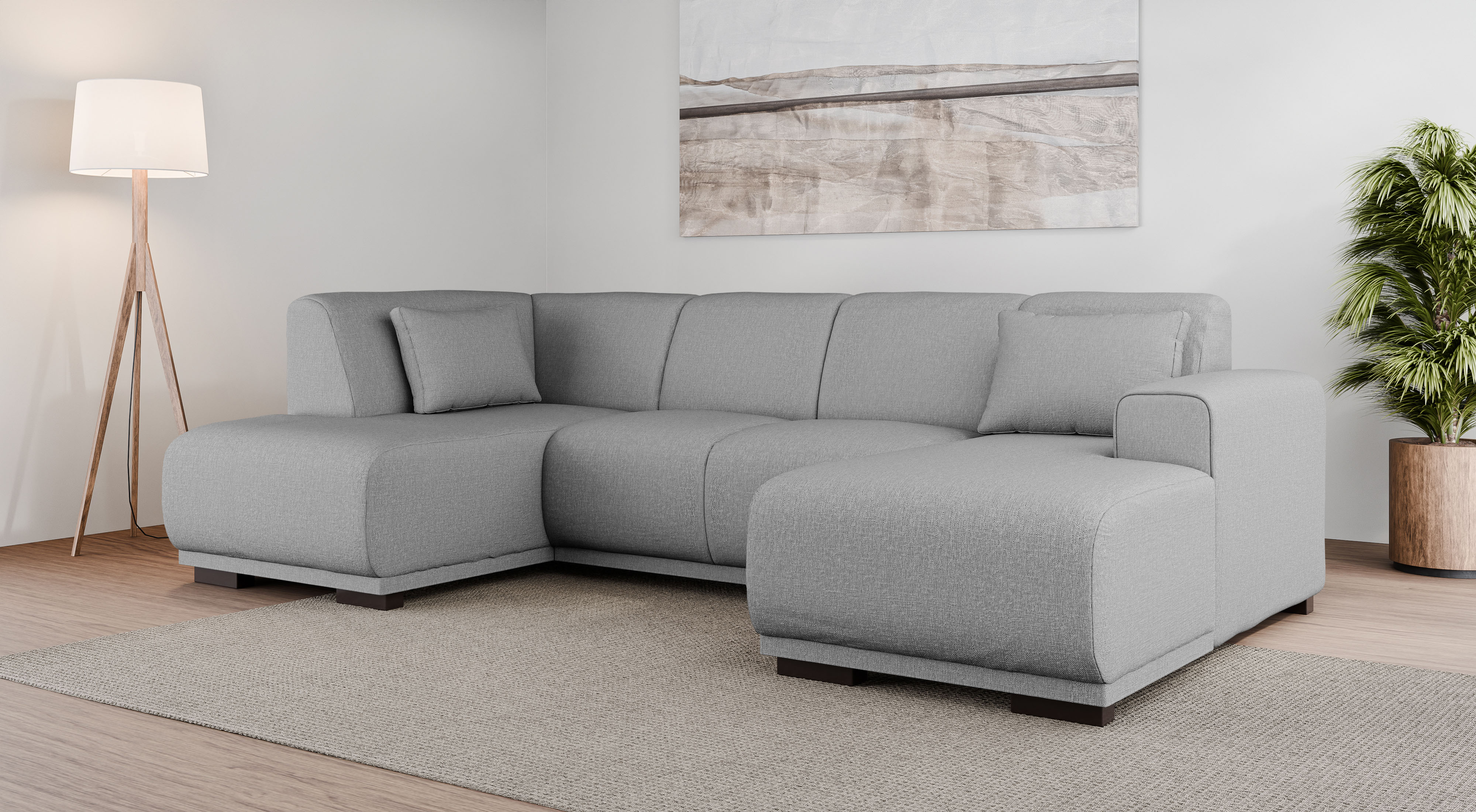 Wohnlandschaft HOME AFFAIRE "BORNHOLM U-Form mit Recamiere rechts/links, B/T/H: 300/162/85 cm", grau (hellgrau), B:300cm H:85cm T:162cm, 100% Polyester, Sofas, Wohnlandschaft, U-Form mit Wellenunterfederung, Recamiere rechts oder links bestellbar