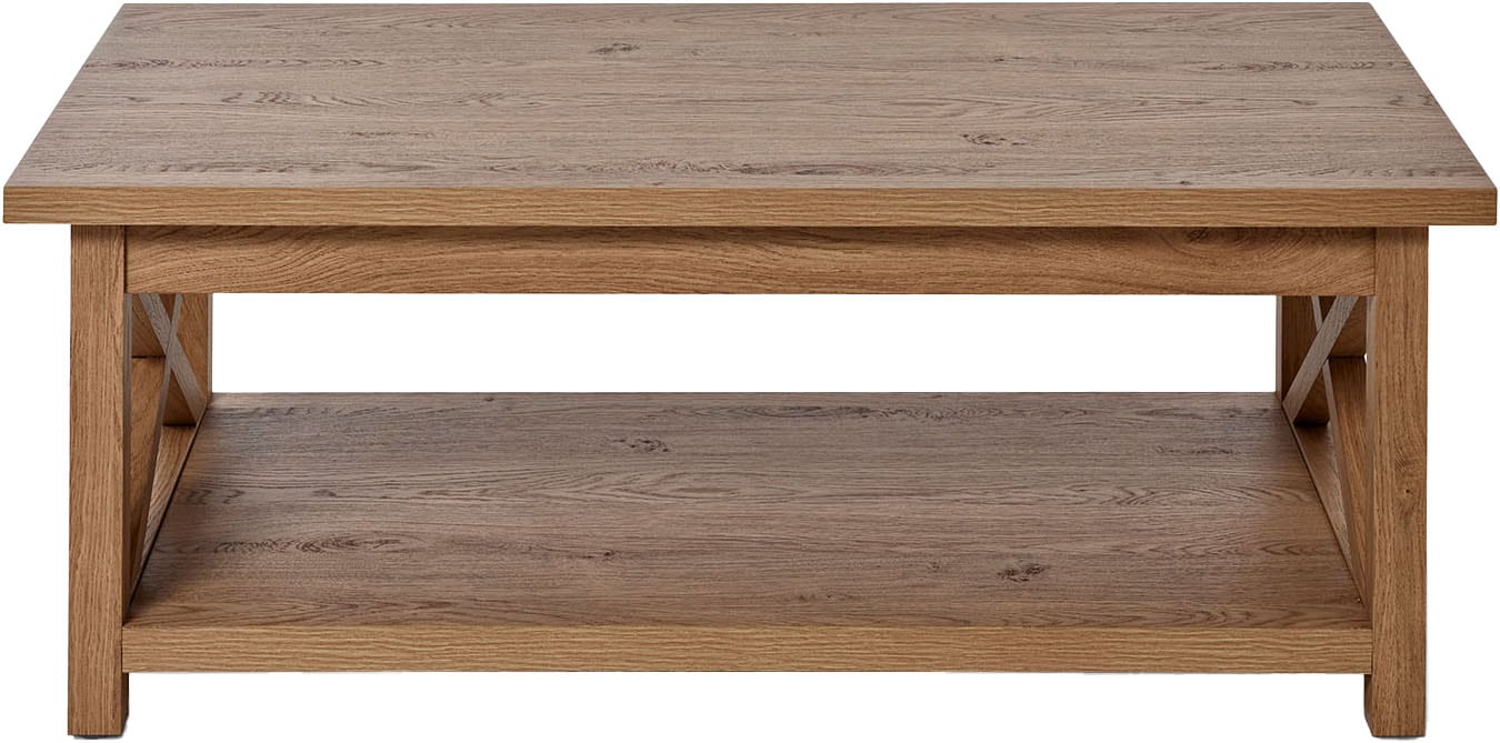 Couchtisch JAHNKE "CHALET COFFEE", braun (montana eiche, montana eiche, montana eiche), B:110cm H:42cm T:57cm, Tische, Couchtisch, Kaffetisch, mit Ablageboden, Landhausstil, X-Design