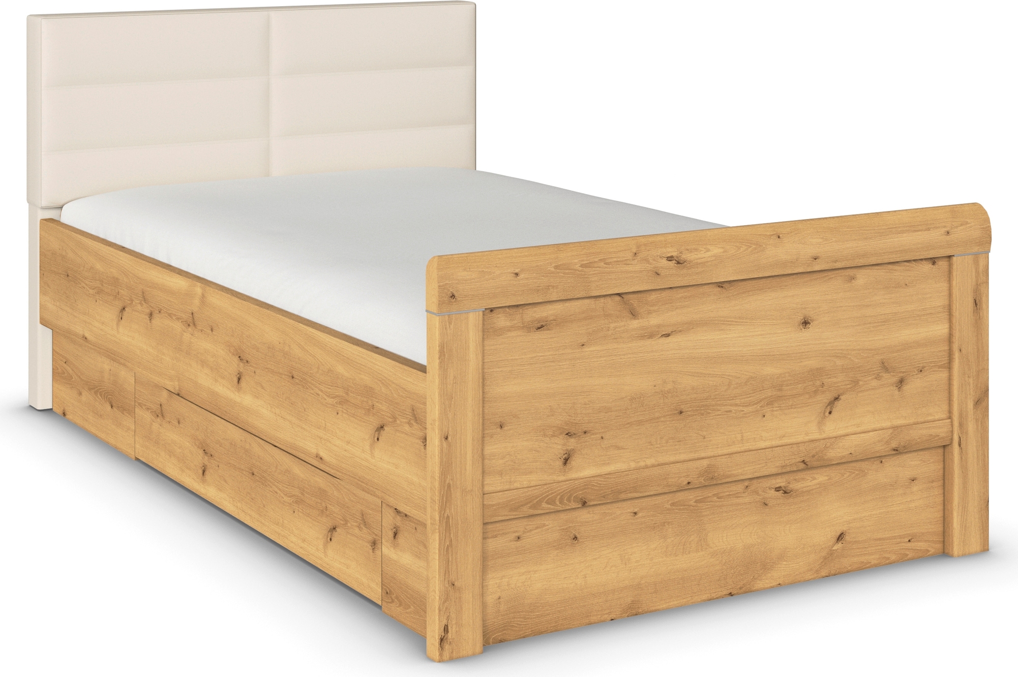 Stauraumbett RAUCH "Bett Einzelbett Stollenbett Bettkästen EVELYN", braun (asteiche), B:129cm H:100cm L:214cm, Betten, in Komforthöhe mit Polsterkopfteil sowie Schubladen MADE IN GERMANY Image