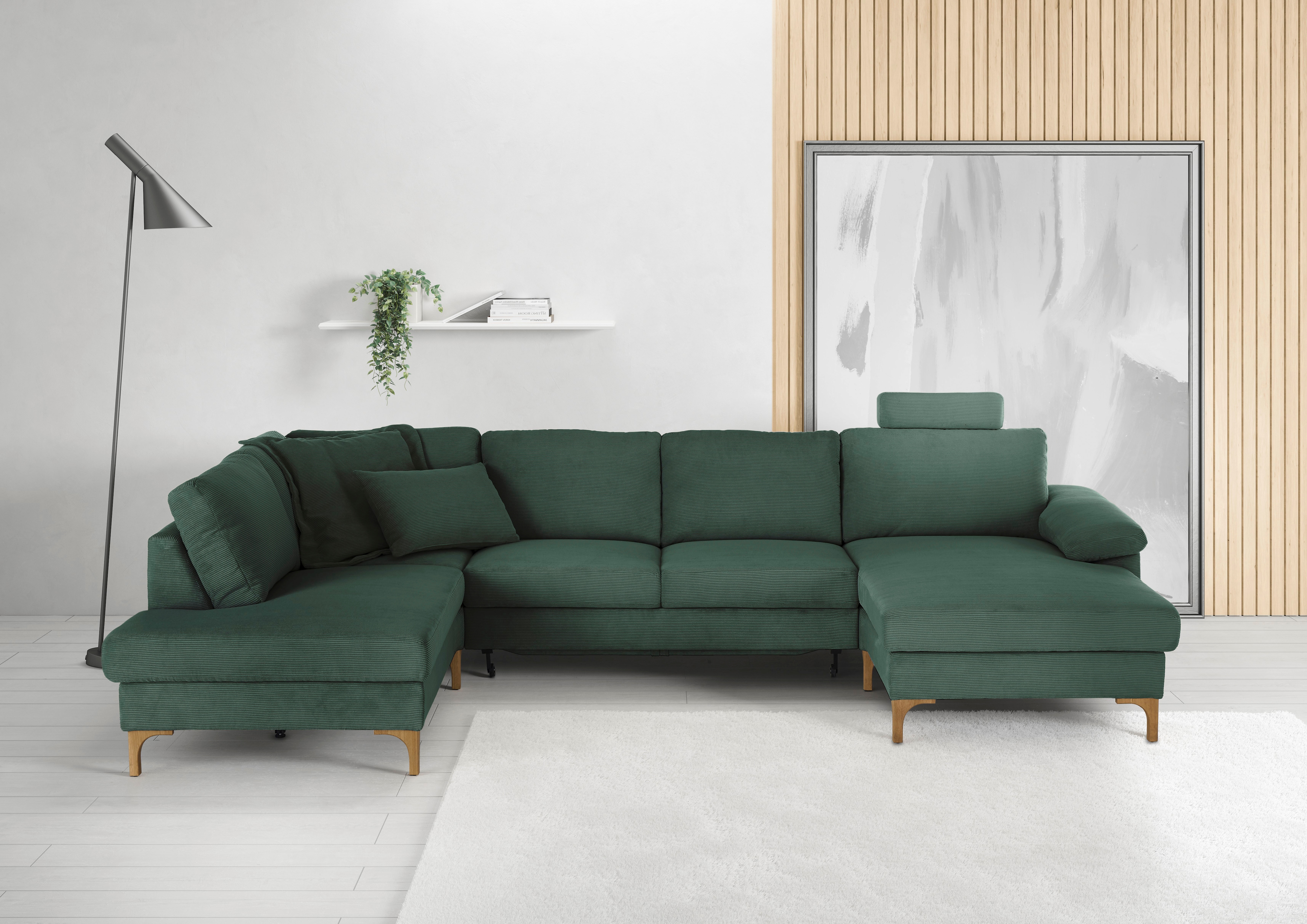 Wohnlandschaft 3C CANDY "Lecce, wahlweise PUR-Schaumstoff oder Tonnentaschenfederkern U-Form", grün, B:339cm H:86cm T:220cm, 95% Polyester, 5% Nylon, Sofas, Wohnlandschaft, Bettkasten in Umbauecke und Longchair, sowie Querschläfer im 2-Sitzer