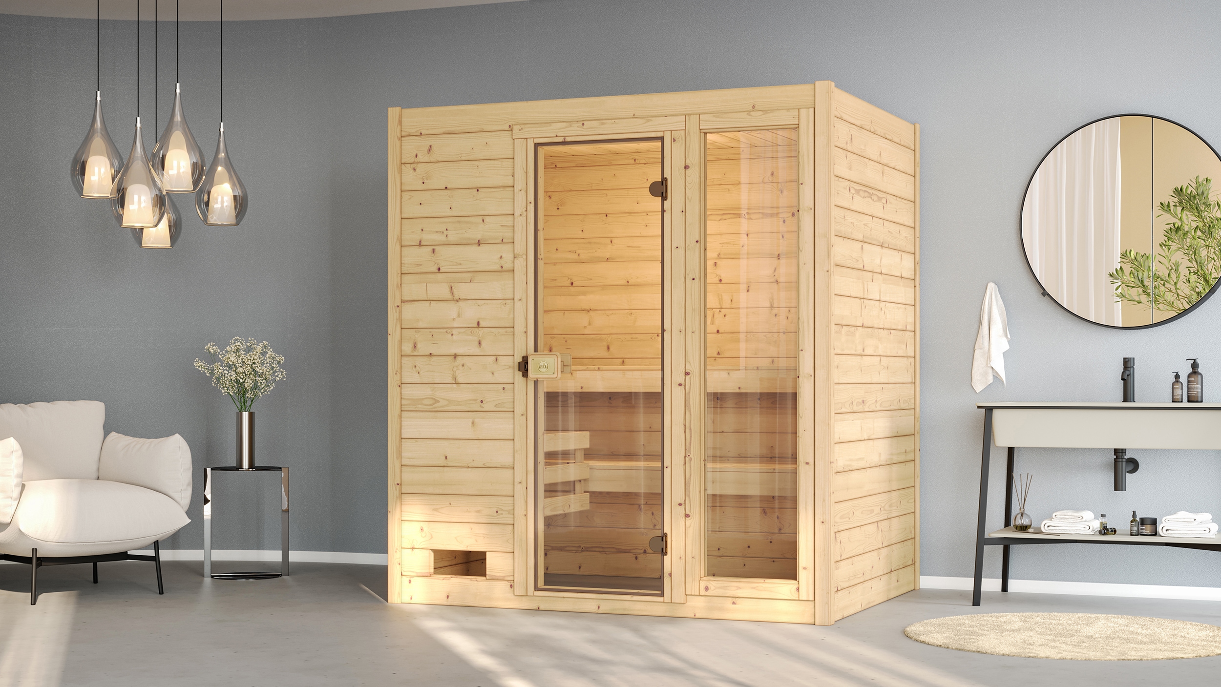 Sauna WEKA "Massivholzsauna VALIDA 2", beige (natur), Bio-Ofen, externe Steuerung, 4,5 kW, Saunen, Blockbohlen, moderne Ganzglastür, Fensterelement