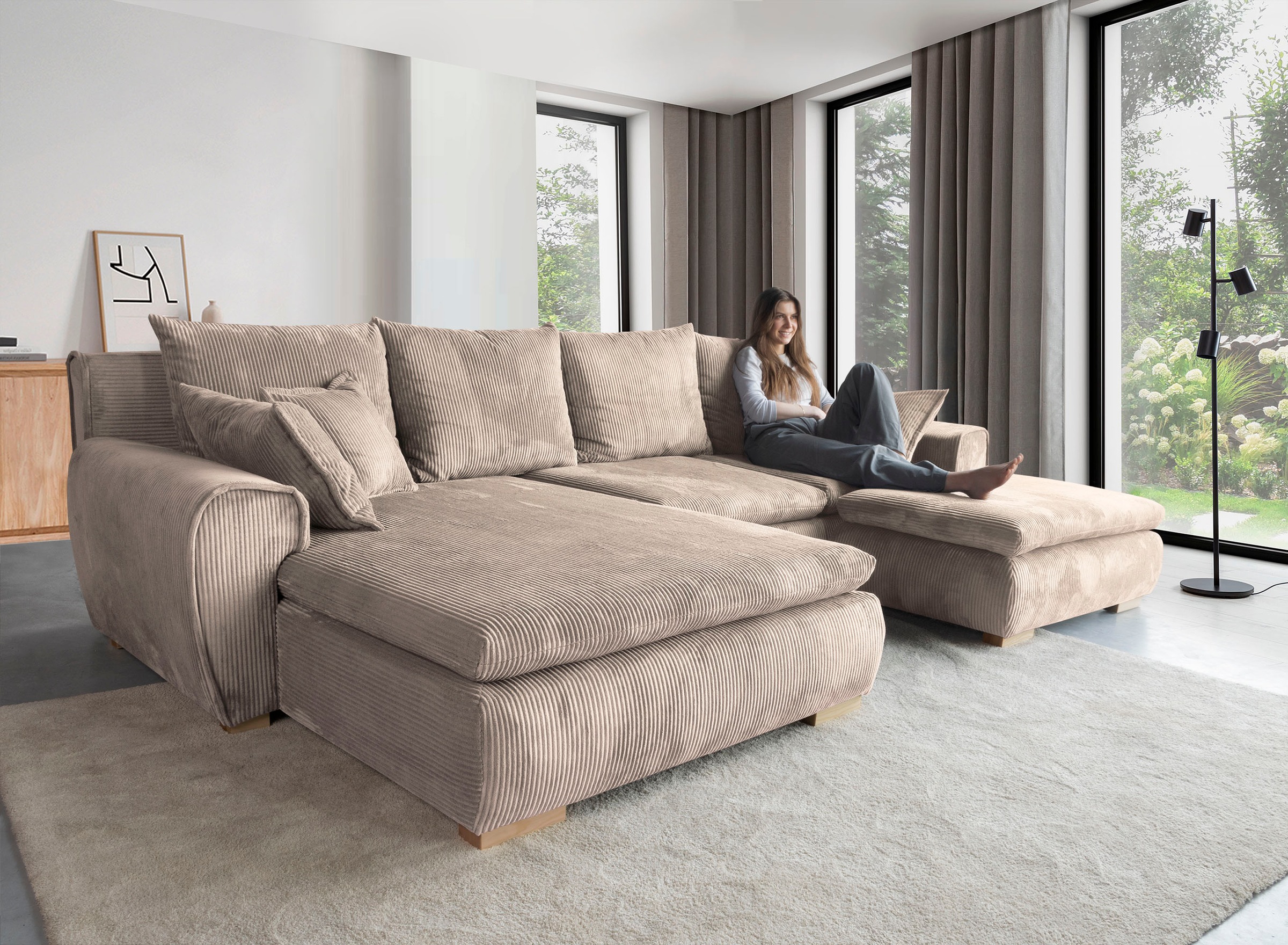 Ecksofa HOME AFFAIRE "Katja L-Form, B: 325 cm - OTTO. Verlässliche Qualität.", grau (taupe), B:325cm T:183cm, 100% Polyester, Sofas, Ecksofa, mit Bettfunktion, Bettkasten & 4 Zierkissen, Topseller
