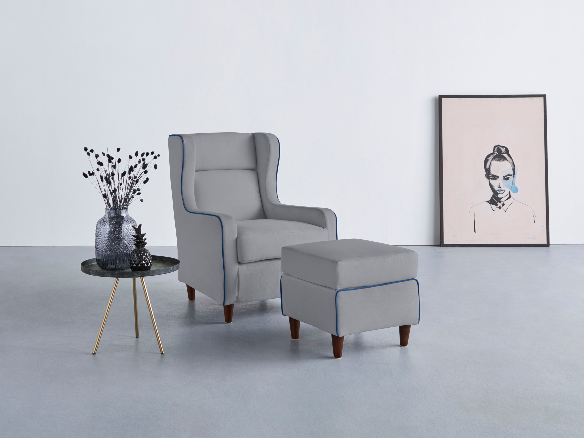 Ohrensessel HOME AFFAIRE "Rhada", silber, B:73cm H:99cm T:85cm, 100% Polyester, Sessel, Ohrensessel, mit farblich abgesetztem Keder, B/T/H: 73/85/99 cm