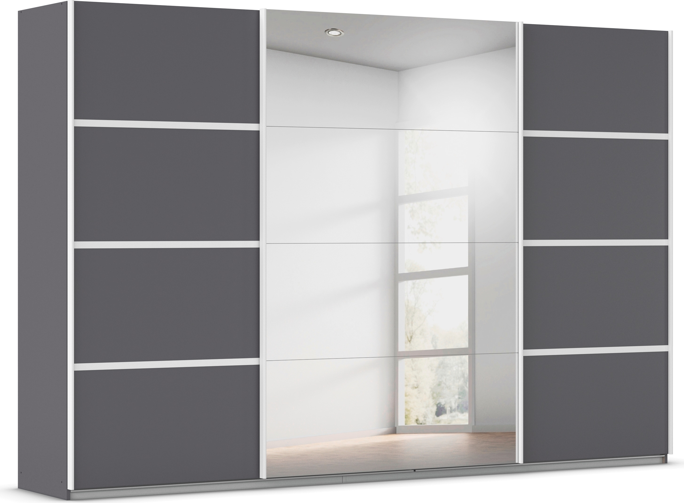 Kleiderschrank RAUCH "Schwebetürenschrank OTTO´s Choice Garderobe Schrank TOP ANGEBOT Avola", graumetallic, leisten weiß, B:315cm H:229cm T:62cm, Holzwerkstoff, Schränke, mit eleganten Zierleisten in Chrom, Schwarz oder Weiß MADE IN GERMANY Image