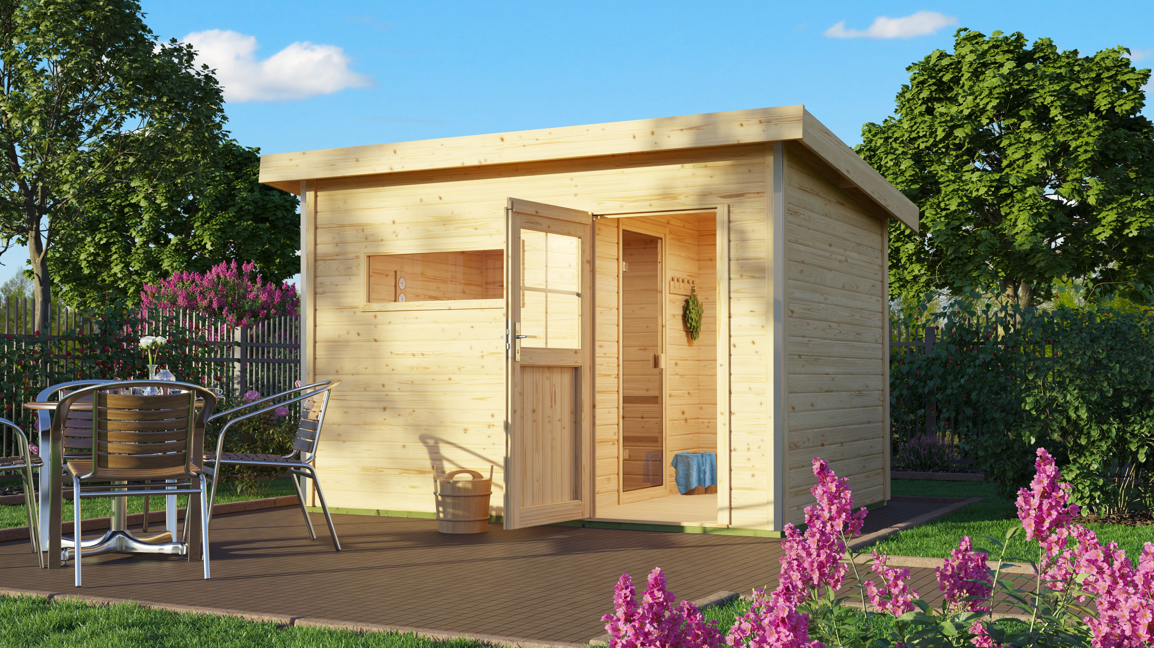 Saunahaus KARIBU "»Simon 2« mit klassischer Tür, naturbelassen", beige (naturbelassen), ohne Ofen, ohne Steuerung, (ohne Ofen), Saunen Image