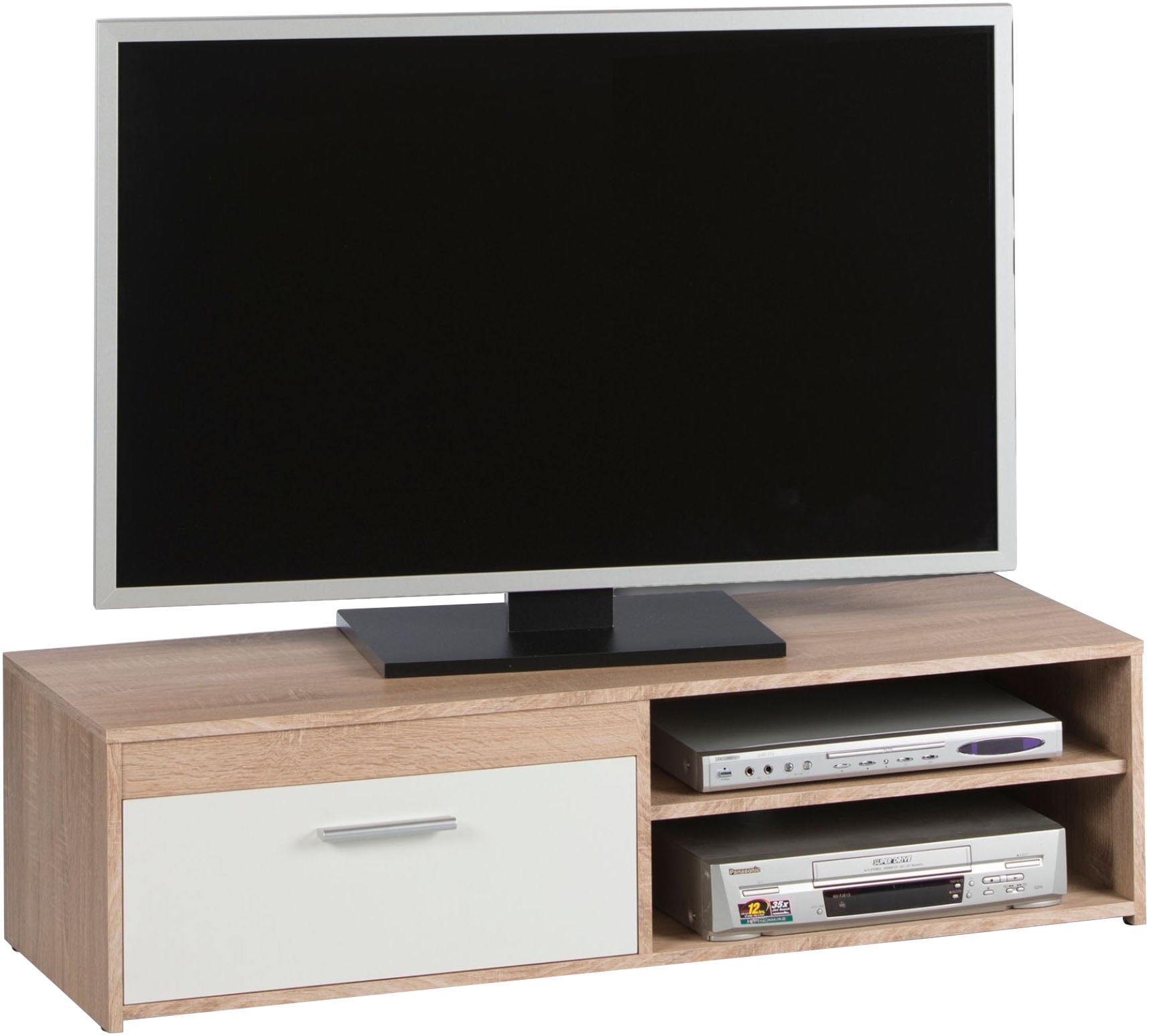 TV-Schrank STOLKOM "Gemma", weiß (sonoma eiche, weiß dekor), B:120cm H:32cm T:38cm, Spanplatte, Schränke, 2 offenen Fächern und 1 Klappe, TV bis 42 zoll geeignet