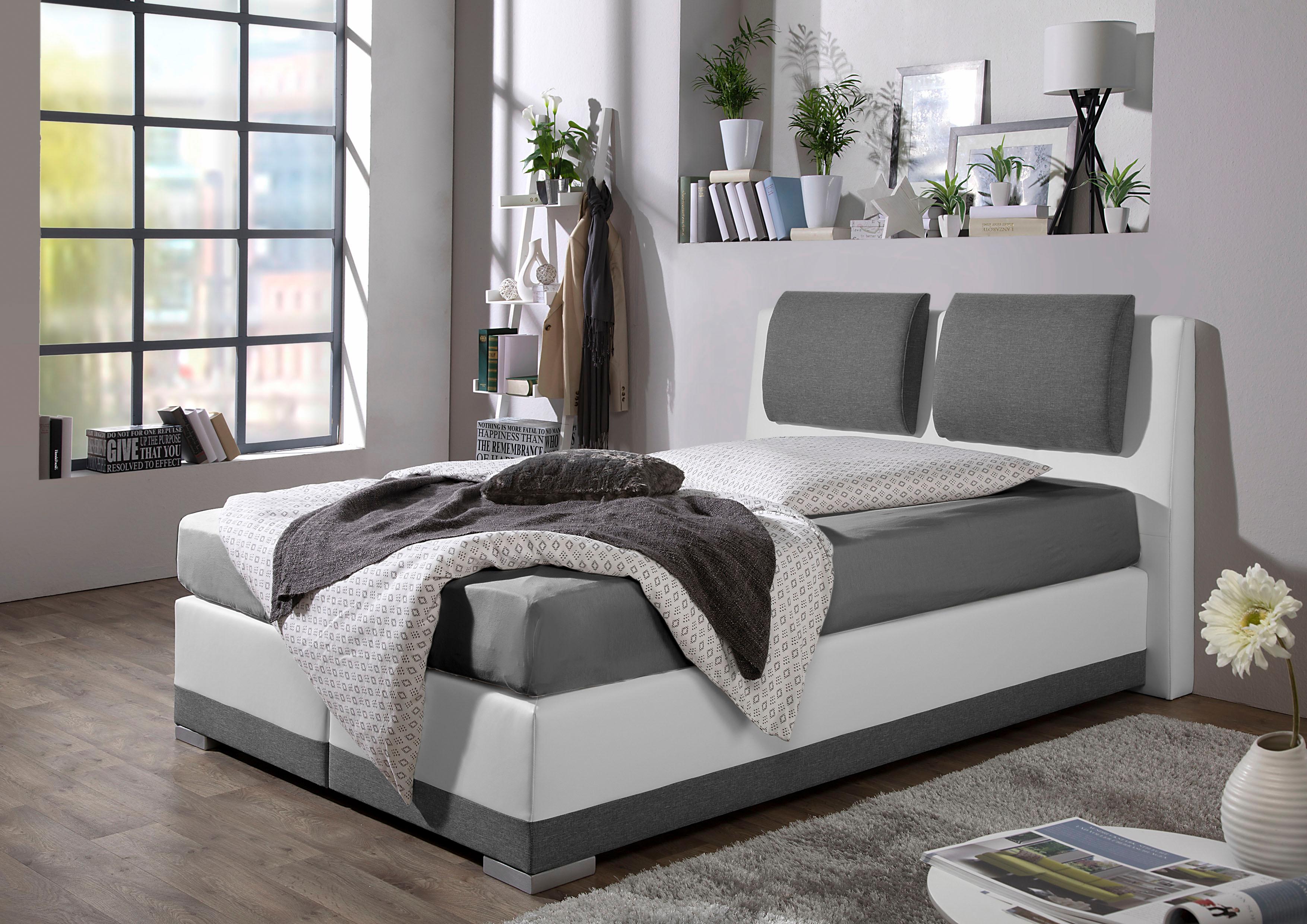 Boxspringbett MAINTAL, grau (grau, weiß), B:172cm L:212cm, Strukturstoff-Bezug 100% Polyester;Kunstleder 100% PU;Bezug der Spiegelfläche Matratzendrell aus 100% Polyester, Komplettbetten, Boxspringbett, verstellbare Kopfstütze Image