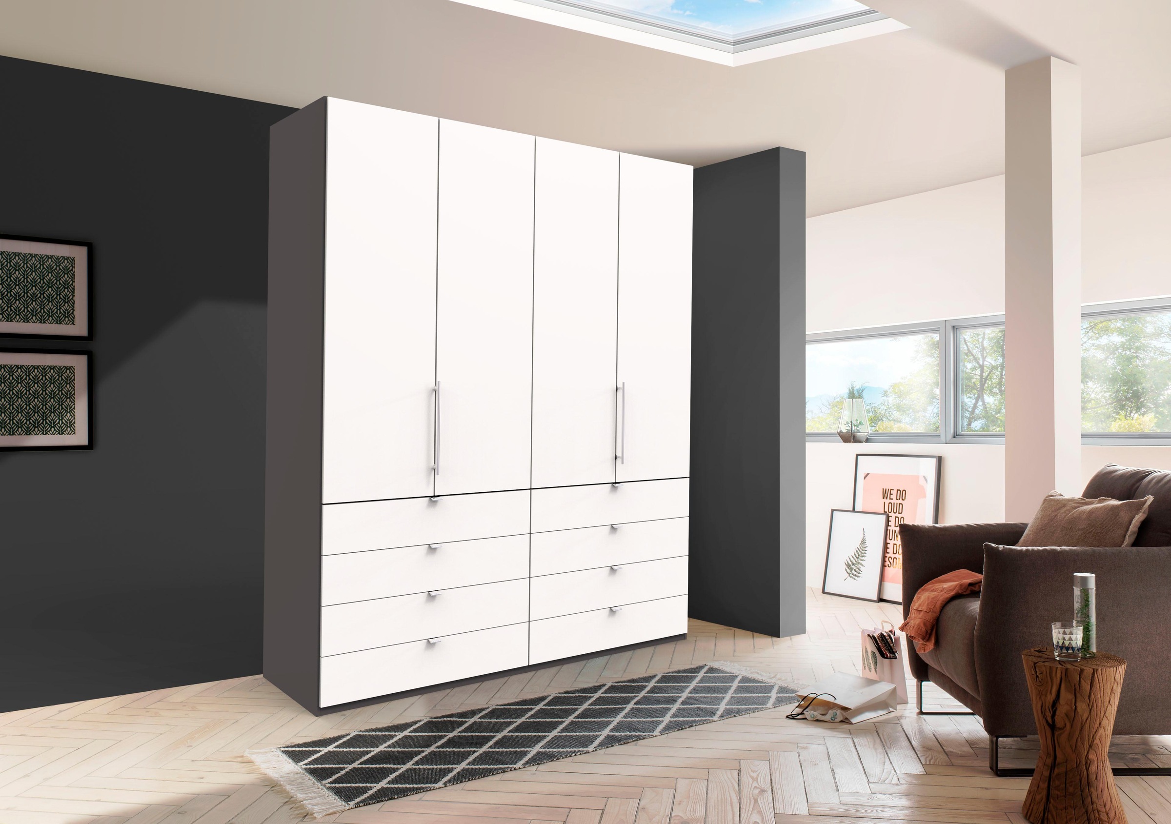 Falttürenschrank WIEMANN "Loft, Kleiderschrank, Schrank, Wäscheschrank, mit Glasfront", weiß (bianco, eiche, nachbildung, champagner glas), B:300cm H:216cm T:58cm, Schränke, inkl. gepämpften Schubkästen und Türen, mit Panoramaöffnung