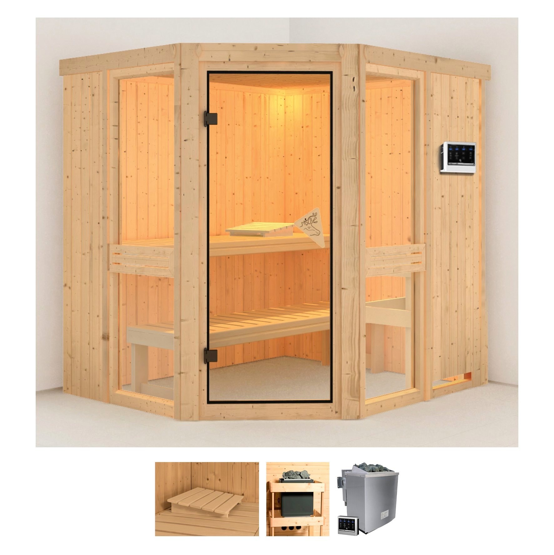 Sauna KARIBU "Aline 1", beige (naturbelassen), Bio-Kombiofen, externe Steuerung, 9 kW, Saunen, 9-kW-Bio-Ofen mit externer Steuerung Image