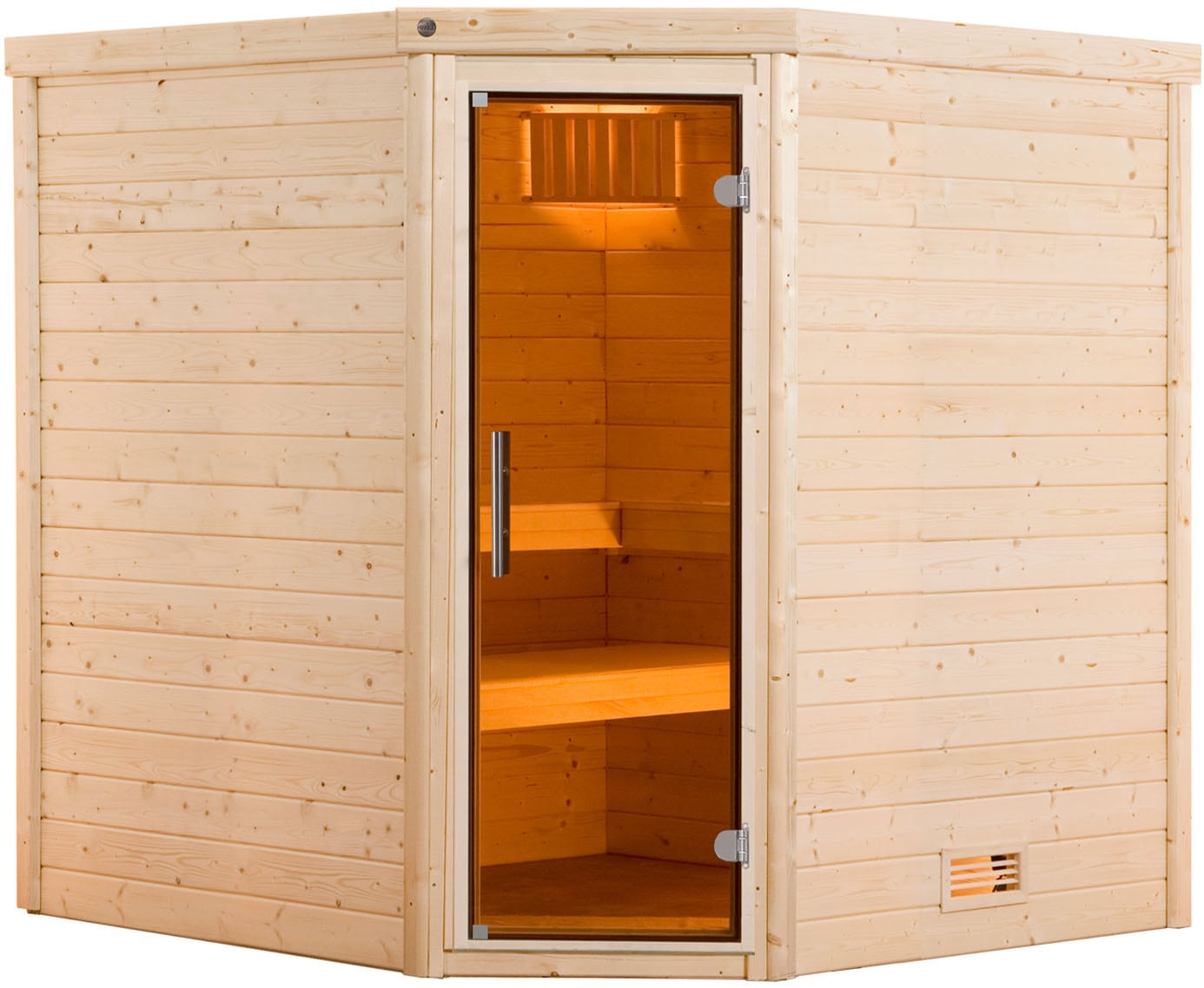 Sauna WEKA "Massivholzsauna TURKU 2", beige (natur), Saunaofen, externe Steuerung, 9 kW, Saunen, Blockbohlen, moderne Ganzglastür