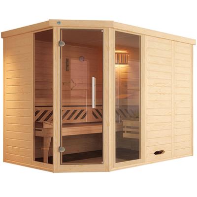 Sauna WEKA "Design-Sauna KEMI Eck 2", beige (natur), Bio-Ofen, externe Steuerung, 9 kW, Saunen, Blockbohlen, vorgef. Elemente, Fensterelement, mod. Ganzglastür Image