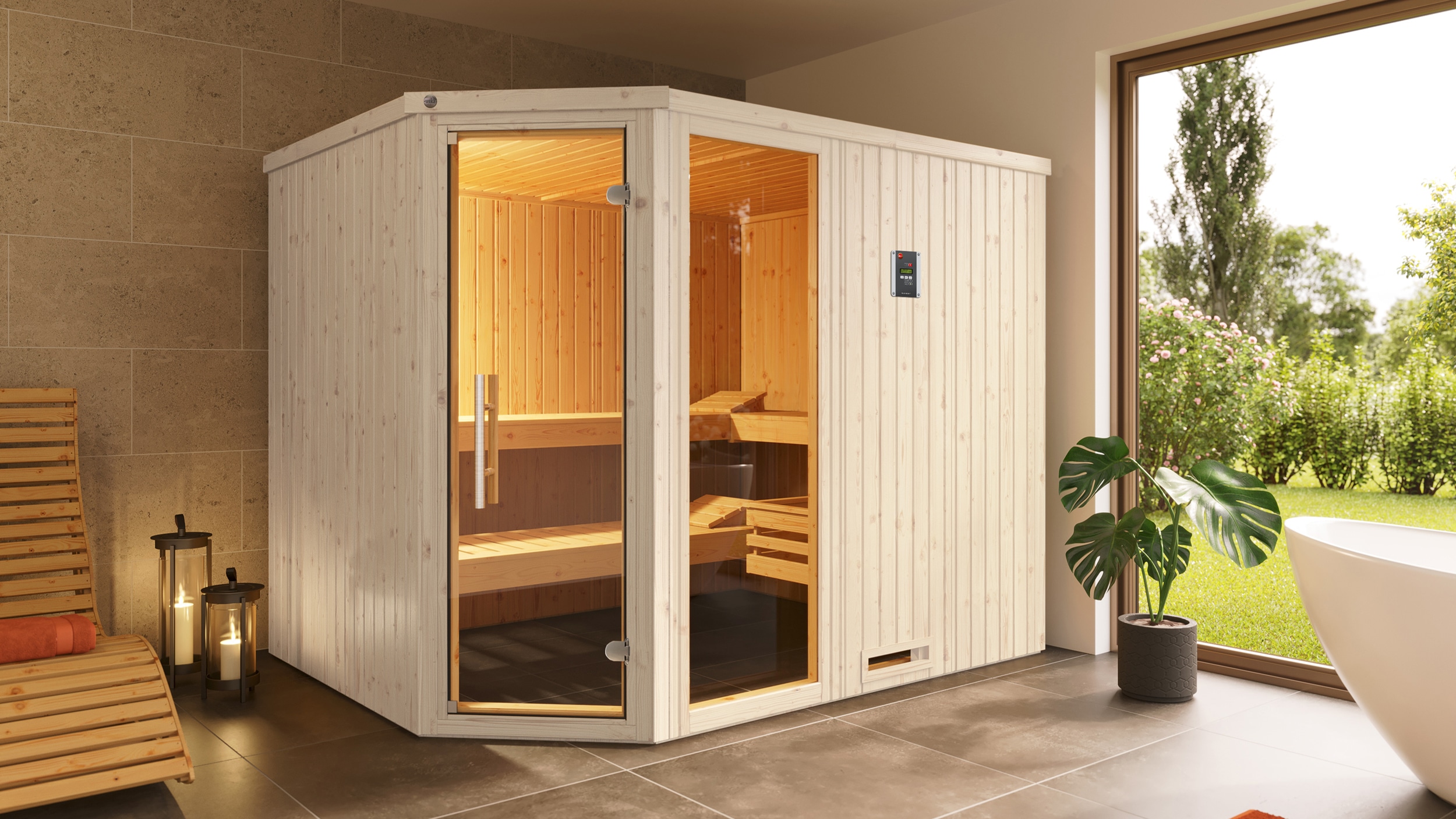 Sauna WEKA "Element-Ecksauna VARBERG 4", weiß, Saunaofen, externe Steuerung, 7,5 kW, Saunen, vorgefertigte Elemente, Fensterelement, moderne Ganzglastür