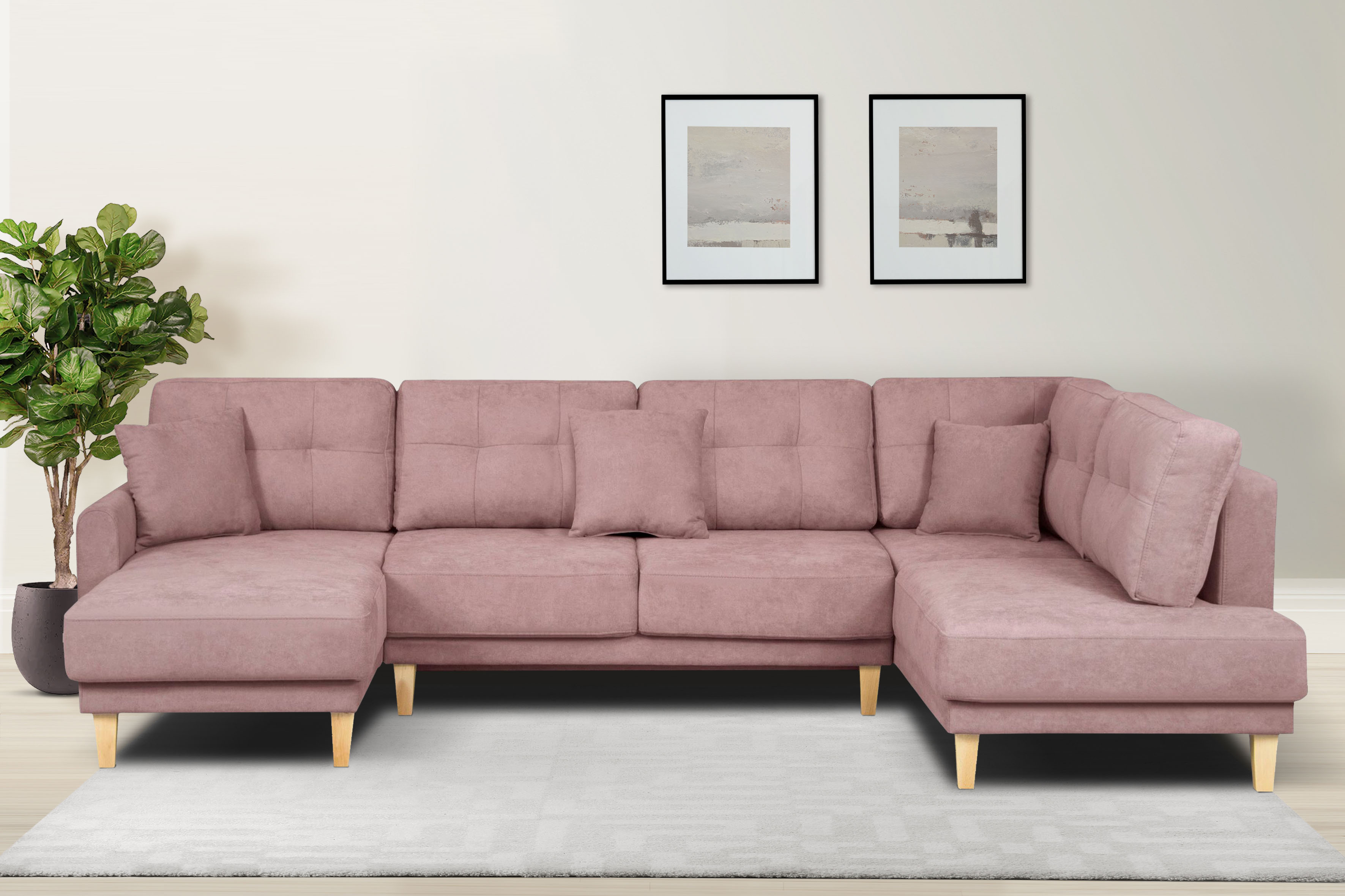 Wohnlandschaft HOME AFFAIRE "TRIPLO U-Form wahlweise mit Schlaffunktion, B/T/H: 310/192/90 cm", rosa (flamingo), B:310cm H:90cm T:192cm, 92% Polyester, 8% Nylon, Sofas, Wohnlandschaft, Schlafsofa, auch mit Bettkasten, Steppung im Rückenkissen