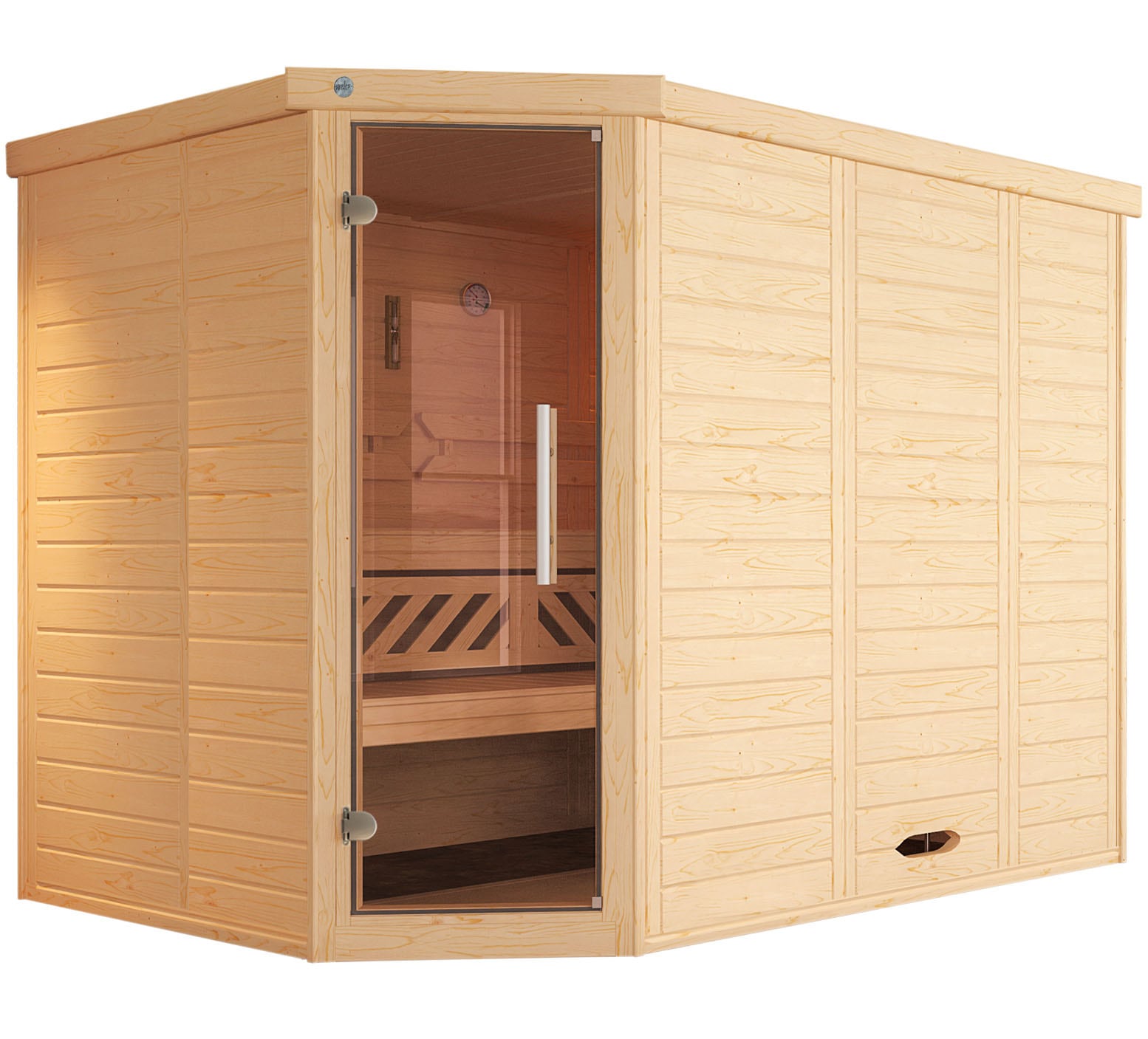 Sauna WEKA "Design-Sauna KEMI Eck 2", beige (natur), Saunaofen, externe Steuerung, 9 kW, Saunen, Blockbohlen, vorgefertigte Elemente, moderne Ganzglastür