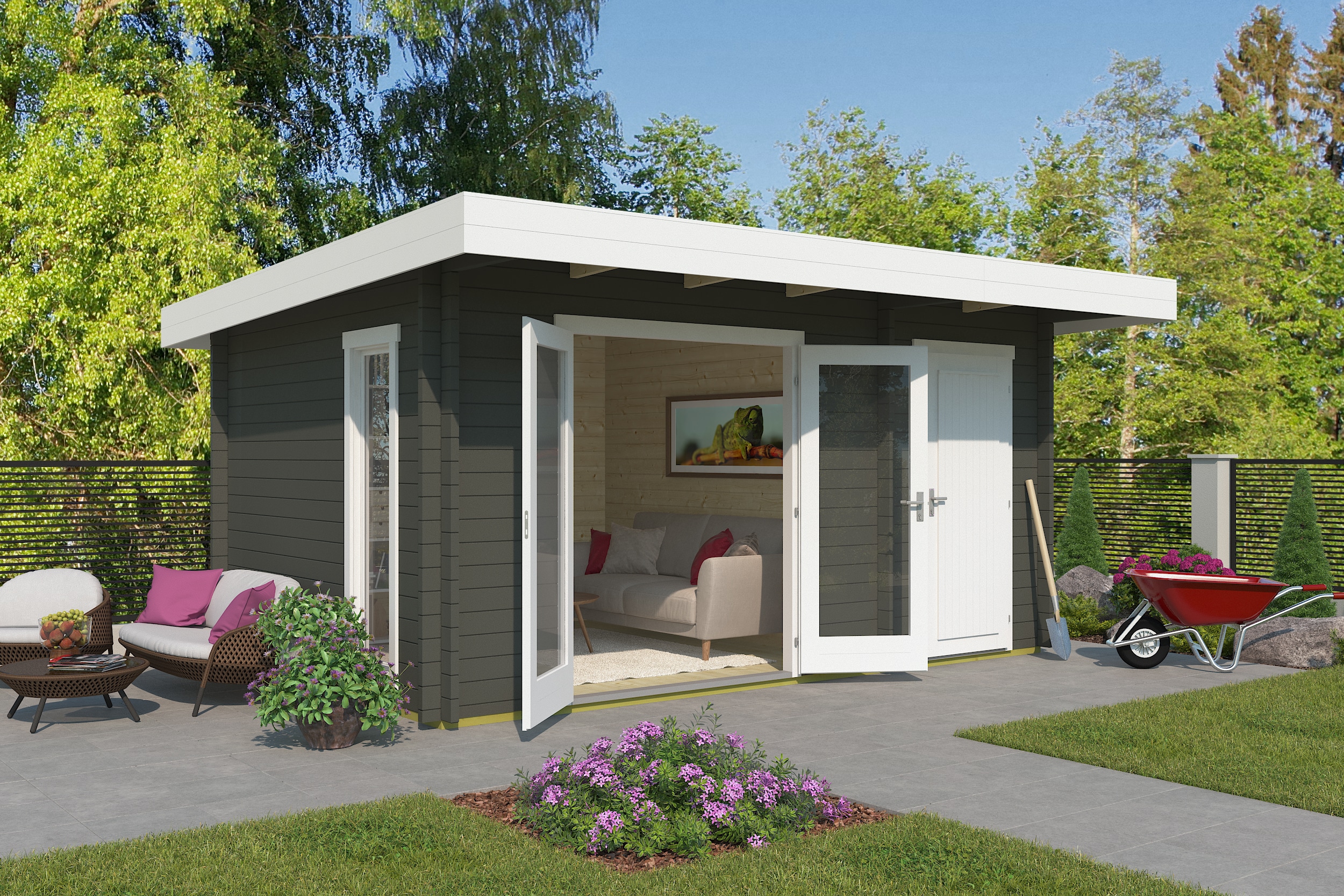 Gartenhaus NORDIC HOLZ "CHAMELEON 44", grün (grüngrau), Fußboden im Gartenhaus, Massivholzdach, Holz, Gartenhäuser, Gartenhaus