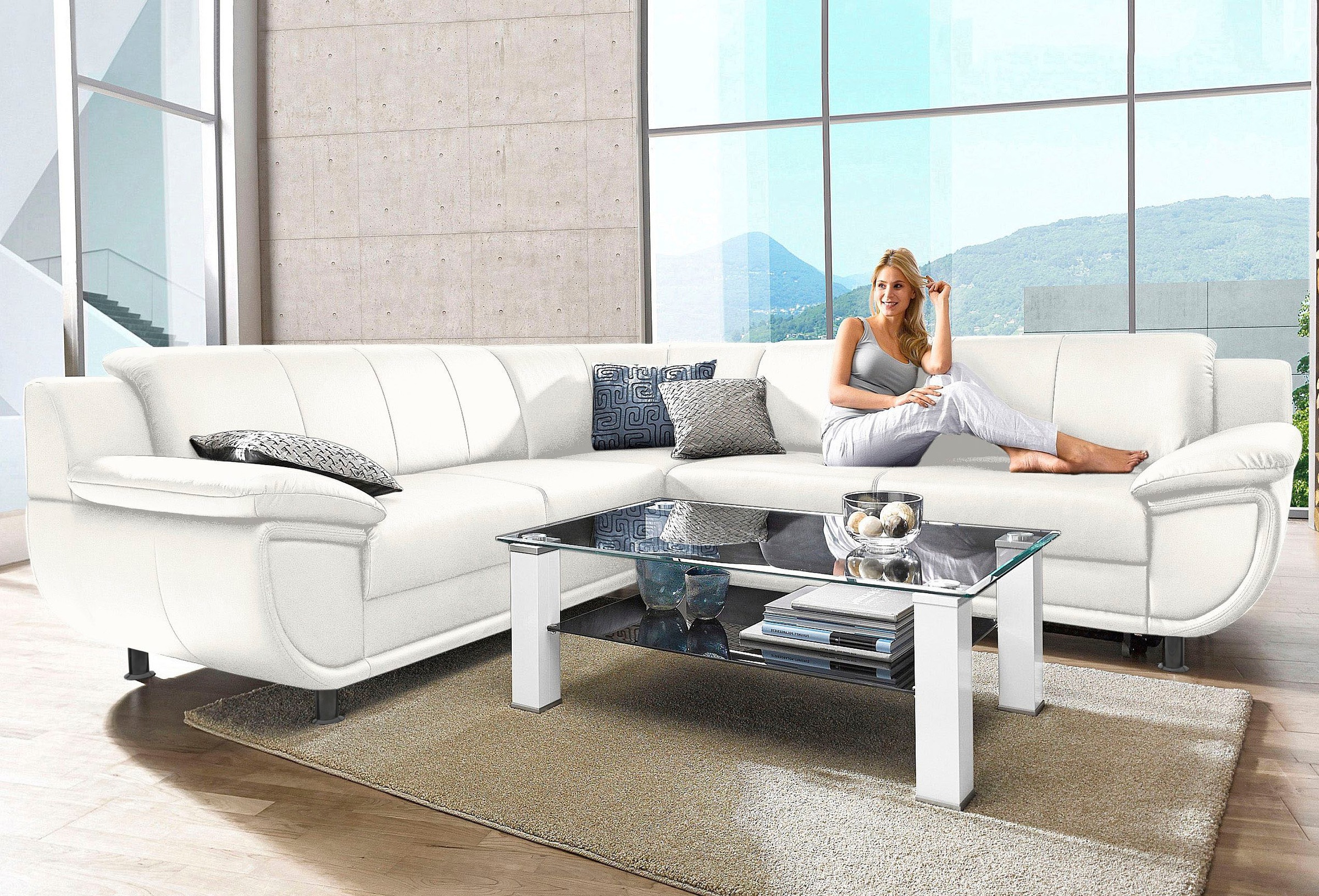 Ecksofa TRENDMANUFAKTUR "Rondo wahlweise mit Schlaffunktion, 267x247 cm (BxT), breite Armlehnen", weiß (schneeweiß), B:267cm H:85cm T:247cm, Kunstleder SOFTLUX;Microfaser PRIMABELLE (100% Polyester);NaturLEDER (echtes Rindsleder);Struktur (54%...