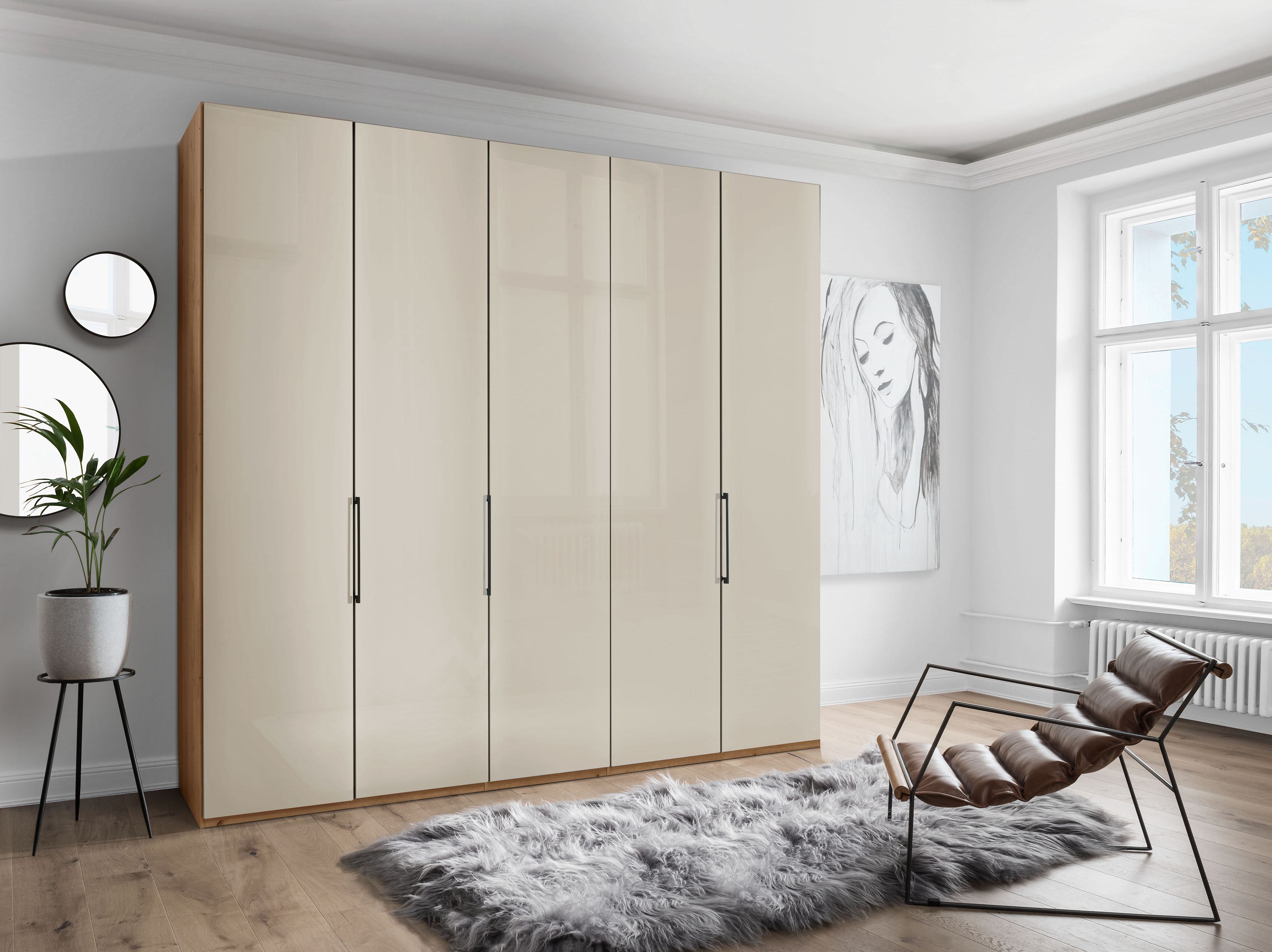 Falttürenschrank WIEMANN "Monaco", braun (bianco, eiche, nachbildung, glas champagner), B:246,3cm H:216cm T:58cm, Floatglas, Holzwerkstoff, Schränke, Kleiderschrank Drehtürenschrank, mit Glasfront sowie hochwertige Beschläge