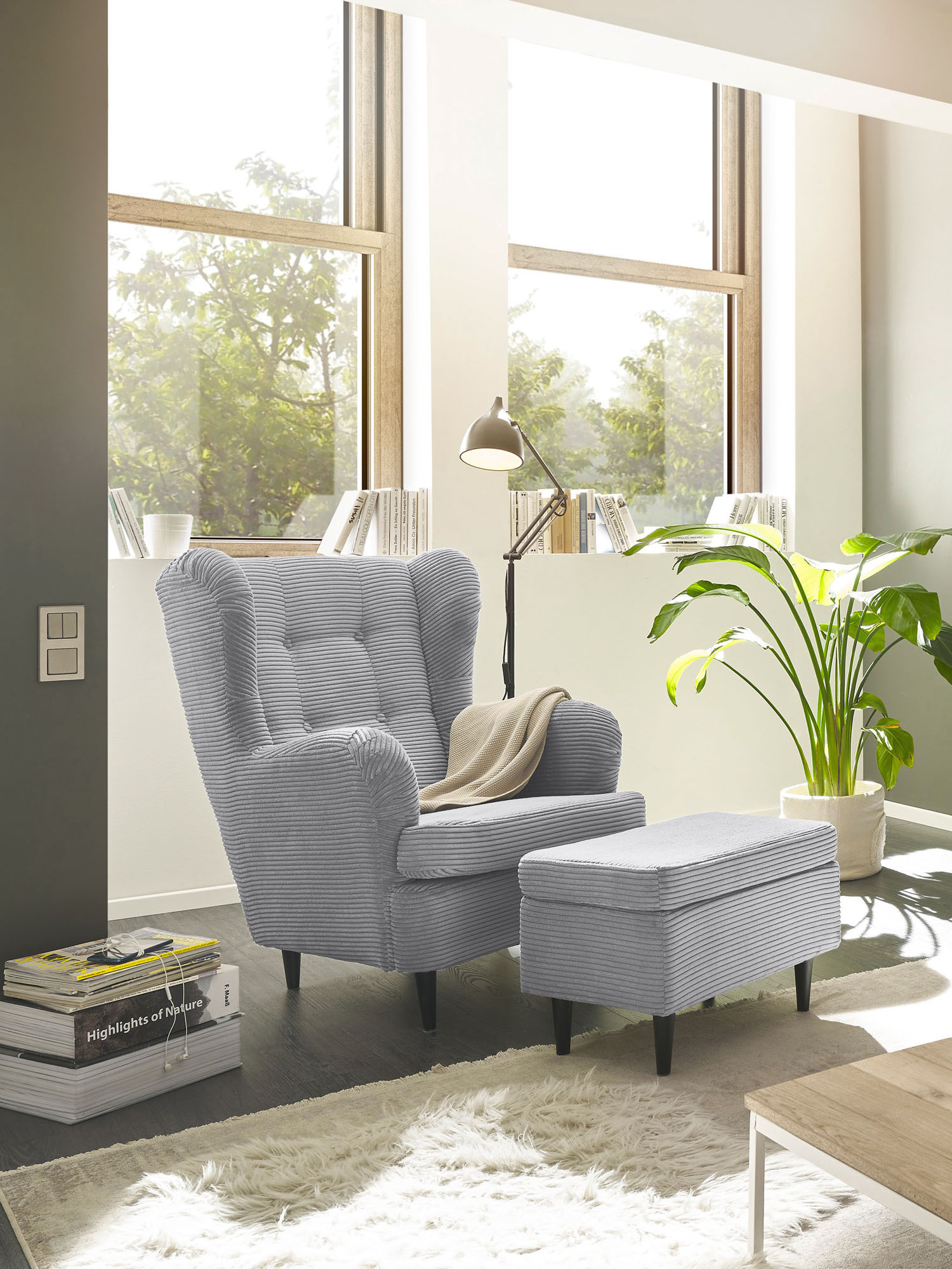 Ohrensessel ED EXCITING DESIGN "Oskar", grau (hellgrau), B:78cm H:102cm T:98cm, 92% Polyester, 8% Nylon, Sessel, Ohrensessel, mit Massivholzfüßen