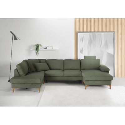 Wohnlandschaft 3C CANDY "Lecce, wahlweise PUR-Schaumstoff oder Tonnentaschenfederkern U-Form", grün (oliv), B:339cm H:86cm T:220cm, 95% Polyester, 5% Nylon, Sofas, Bettkasten in Umbauecke und Longchair, sowie Querschläfer im 2-Sitzer Image