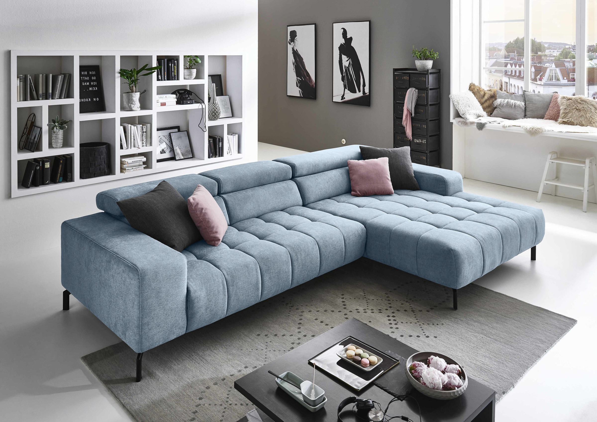 Ecksofa DIE PLANBAR "MP-IN18022 L-Form", blau (aqua), B:321cm H:74cm T:190cm, 100% Polyester, Sofas, Ecksofa, mit Kopfteilverstellung & Zierkissen, optional Sitztiefenverstellung