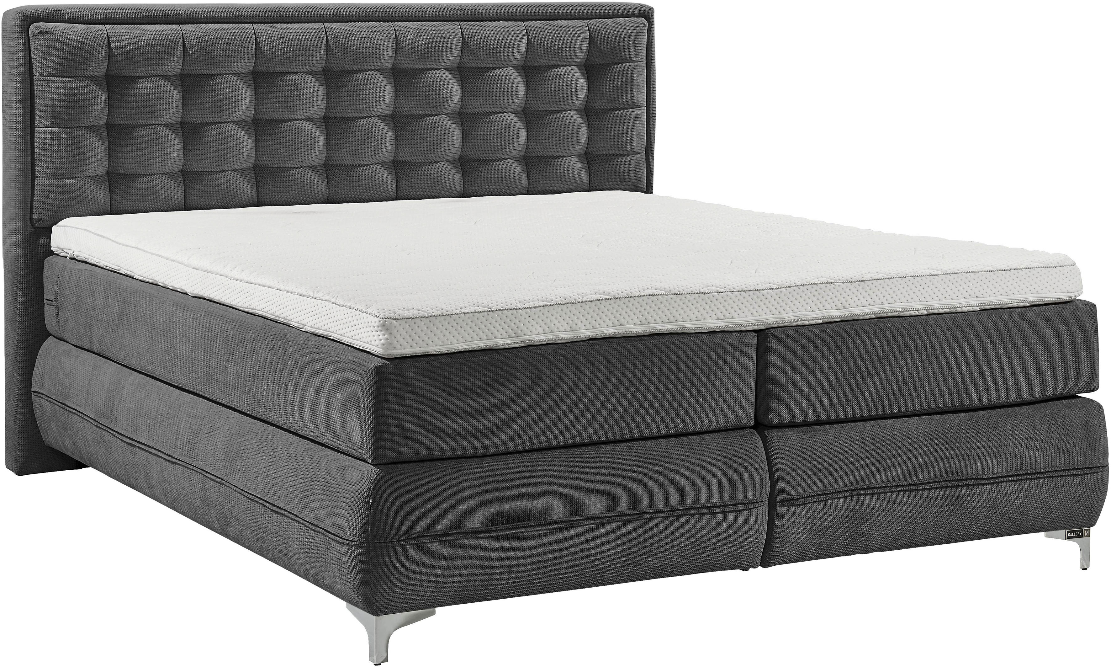 Boxspringbett MUSTERRING "Dubai", schwarz (d 040 anthrazit), B:217cm L:214cm, Komplettbetten, Boxspringbett, Winkelfuß in Chrom, 3 Härtegrade, Kopfteil in Kassettensteppung Image